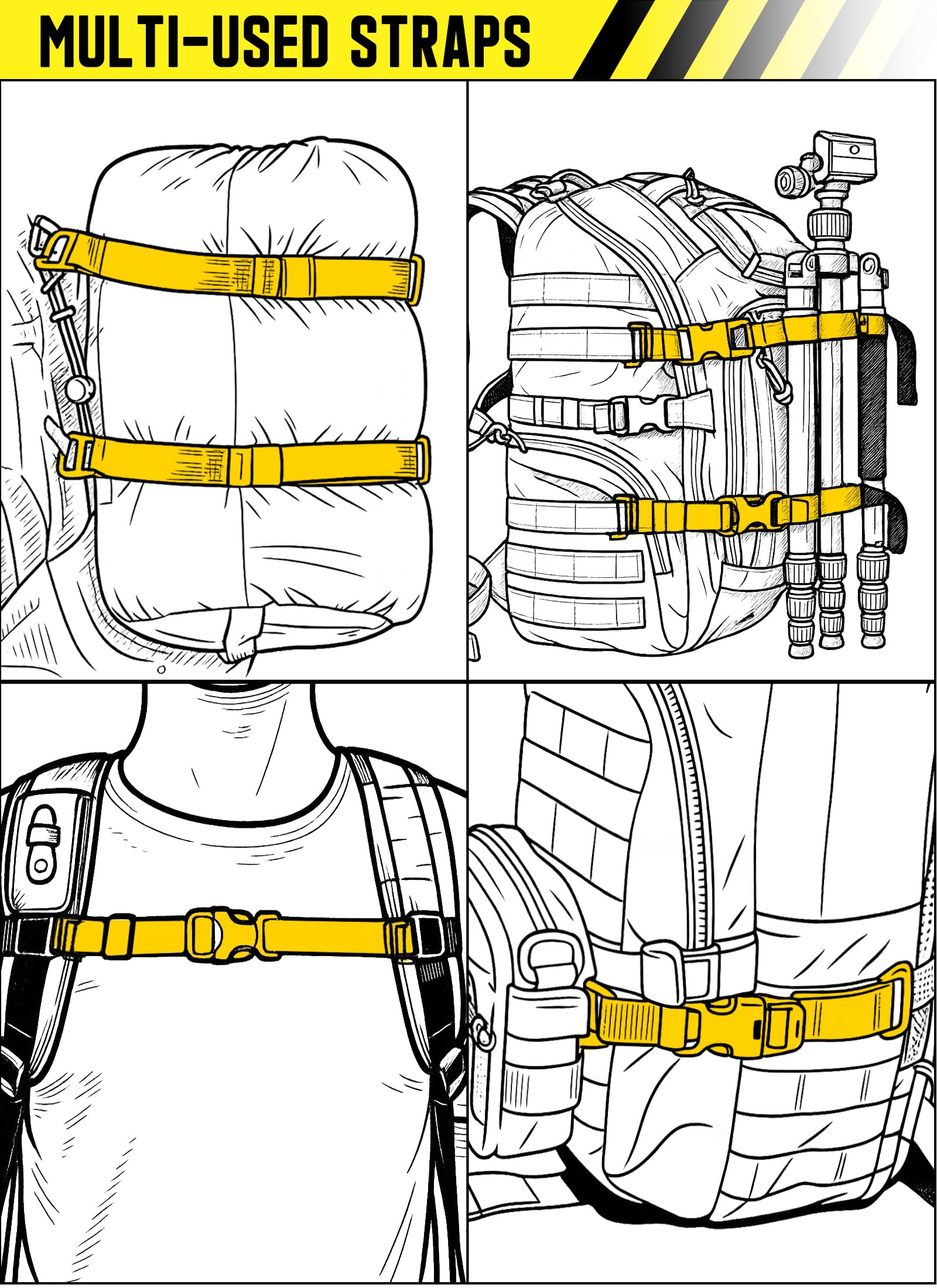 Sangles de sac à dos Molle - Système de rush - Fixation Molle pour sac à dos tactique militaire - Accessoires de transport d'équipement - Sangle de fixation par compression - Sangle de