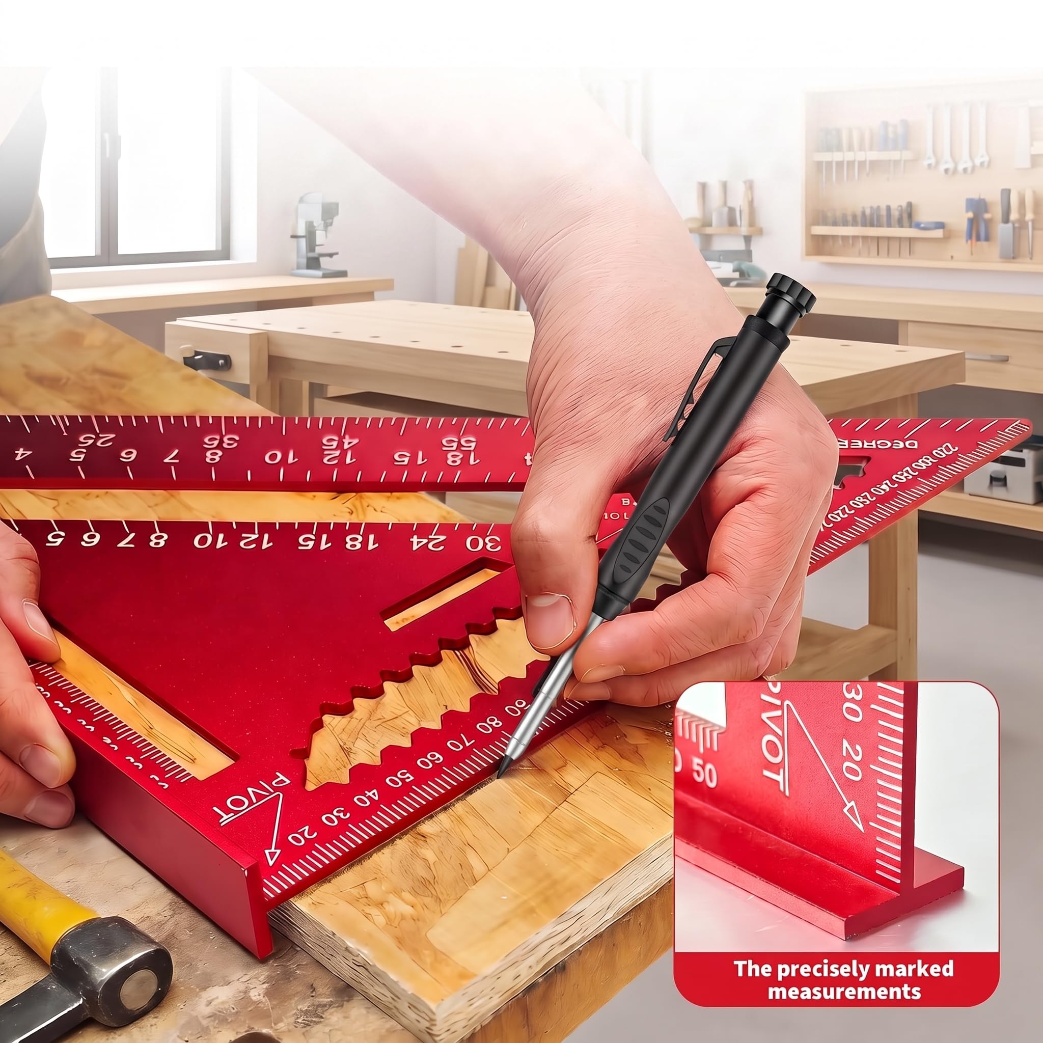 2 juegos de escuadras de carpintero, de 180 mm y 300 mm, transportador de 0-90° con lápiz de construcción, escuadra combinada de aleación de aluminio para bricolaje, carpintería y mejoras del hogar