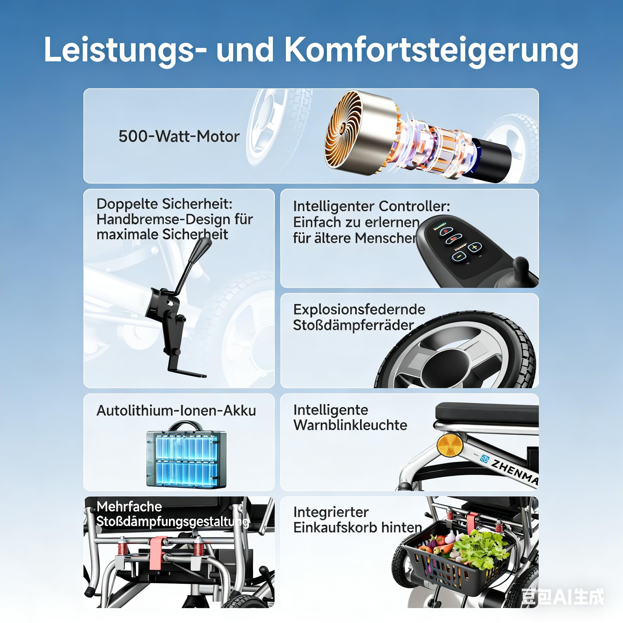 Elektrorollstuhl Faltbar Ultraleicht 13,8 kg – 500W Elektrischer Rollstuhl für Senioren Reise, mit Fernbedienung EABS-Bremse, bis 150 kg, 25 km (15Ah) / 35 km (20Ah) Reichweite (20Ah)