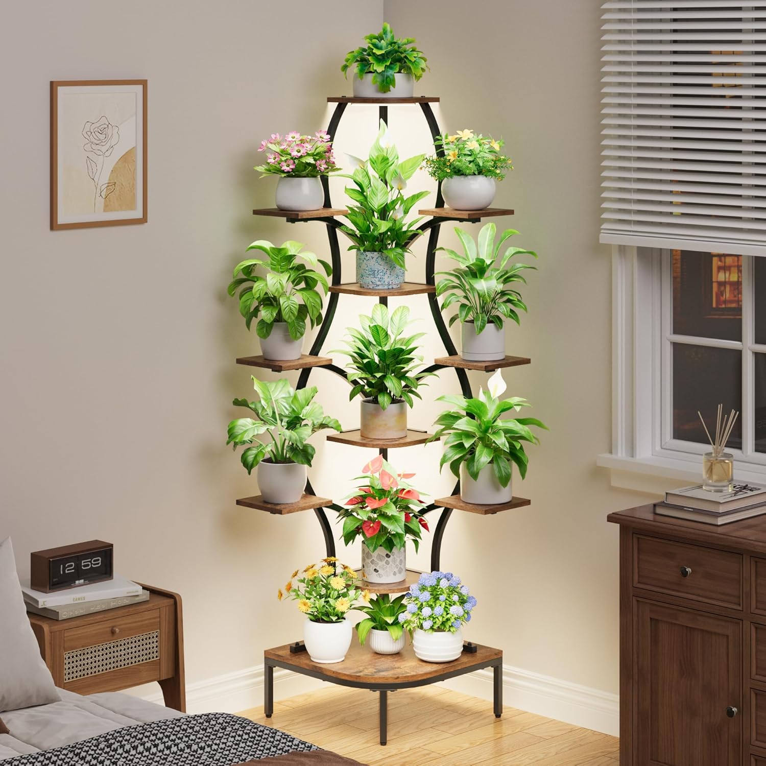 LATIBELL 72'' Tall Corner Plant Stand Indoor with Grow Light - 8 Tiered Metal Plant Shelf for Indoor Plants, Curved Display Rack Capable of Holding Large Pots in Living Room, Patio & Balcony, Black