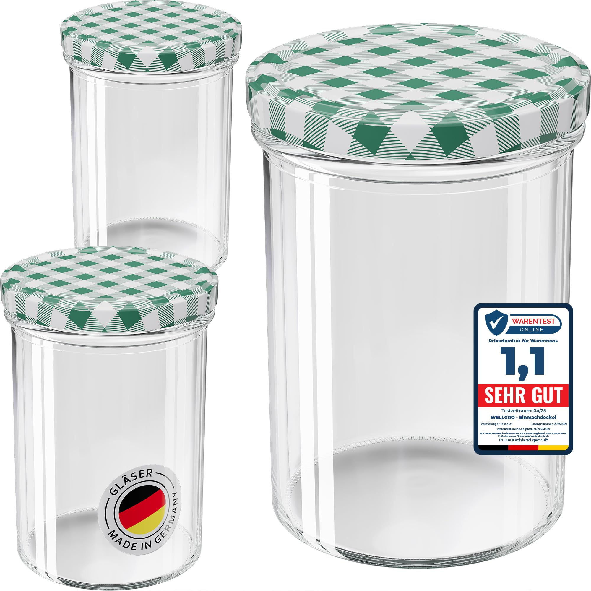 WELLGRO 200x Einmachgläser mit Schraubdeckel - 435 ml, 8,5 x 12 cm (ØxH), Glas/Metall, grün karierte Deckel To 82, Gläser Made in Germany
