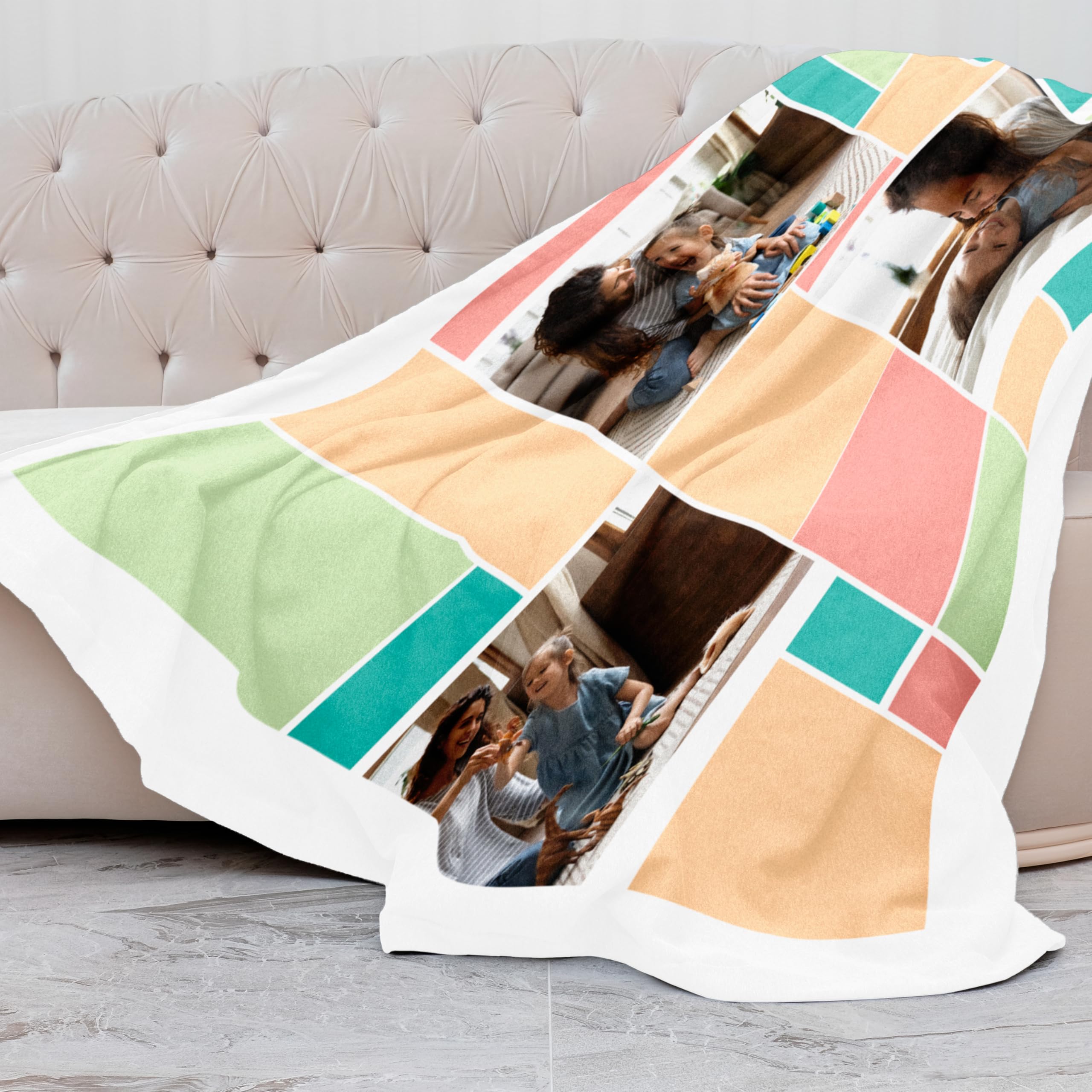 Manta Personalizada con Fotos Collage Pastel 170x130 cm en Material Sherpa o Coralina para Sofá o Cama en Invierno como Regalo Original para el cumpleaños o celebración (Coralina)