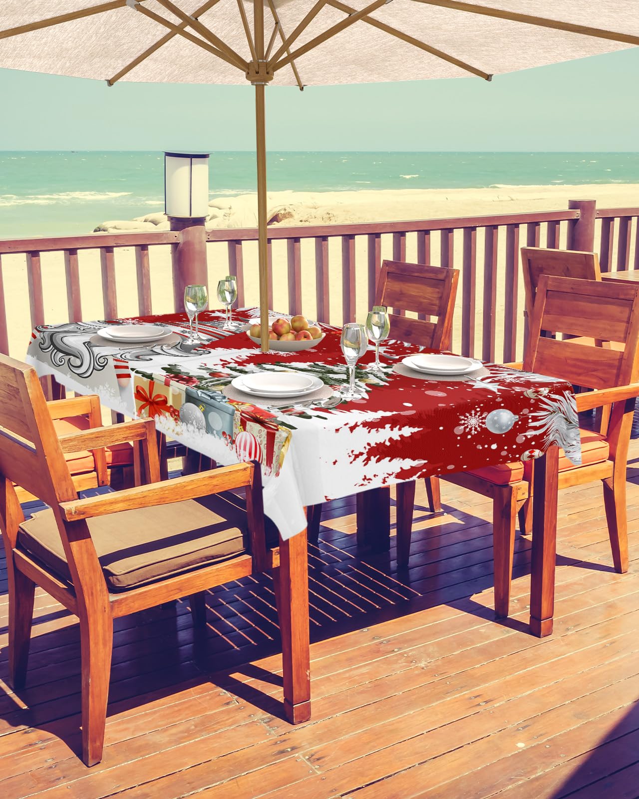 Christmas Outdoor Tablecloths with Umbrella Hole and Zipper, Winter Silver Leaf Xmas Ball Snow Gnomes Waterproof/Stain Resistant Rectangle Table Cloth 52x70 Patio Table Cover for Picnic/Party