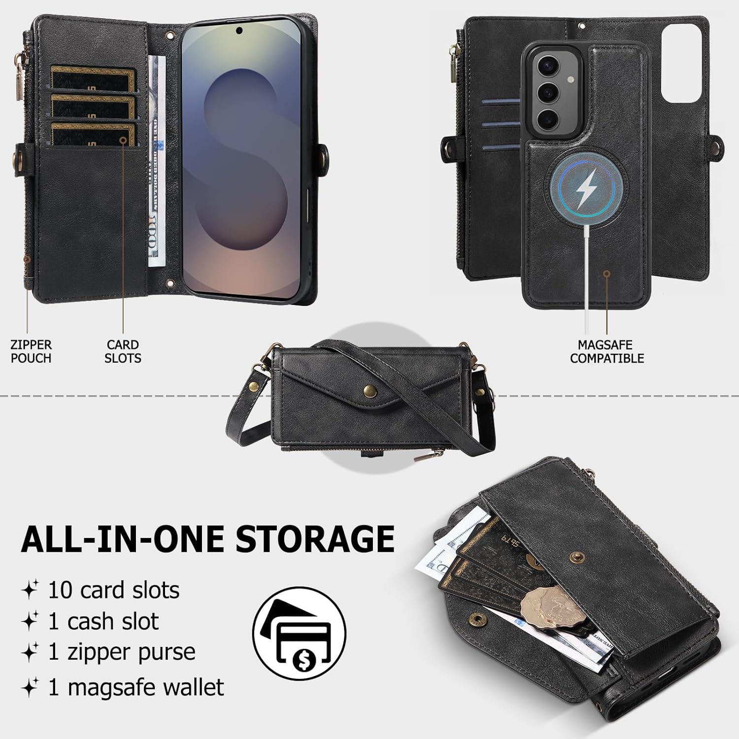 Compatible with Magsafe 3 in 1 Detachable Samsung Galaxy S25 Plus/S24 Plus Wallet Case with Card Holder, PU Leather Phone Purse with Zipper, RFID Blocking Strap Lanyard Kickstand Magnetic Phone Cover
