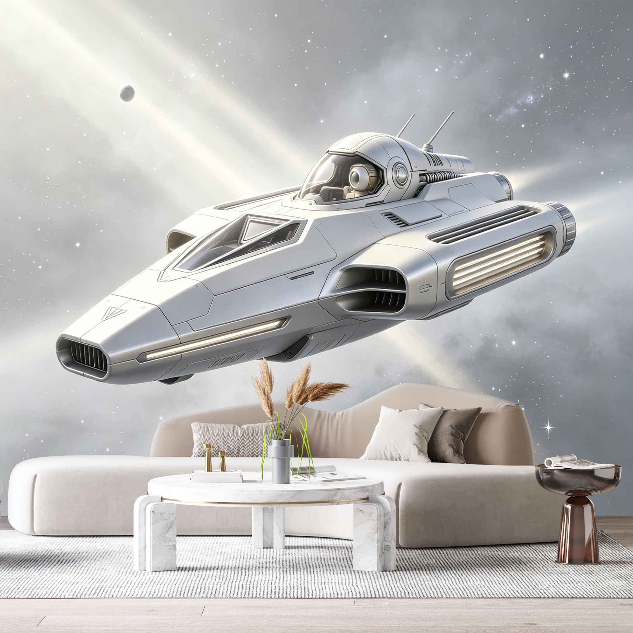 Custom Size Wall Mural Futuristic Spacecraft Science Fiction Spaceship 3D Realistic Metal Texture SelfAdhesive Art Prints Removable Large Wallpaper Esports Room Game Room Tenant Room Studio