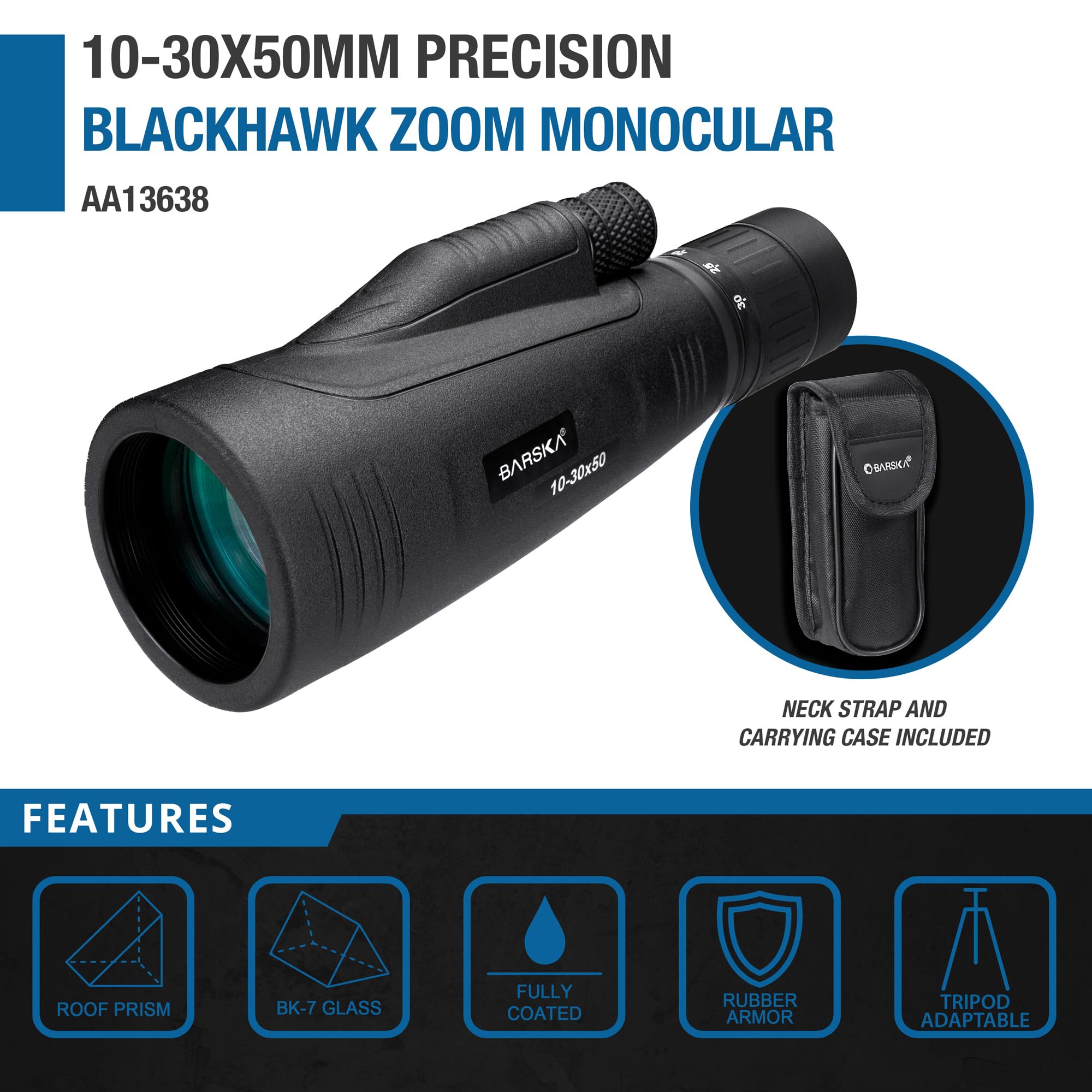 BARSKA Monocular de precisión de 10-30 x 50 mm para observación de Aves, Viajes, Caza, Paseos en Bote y Camping.