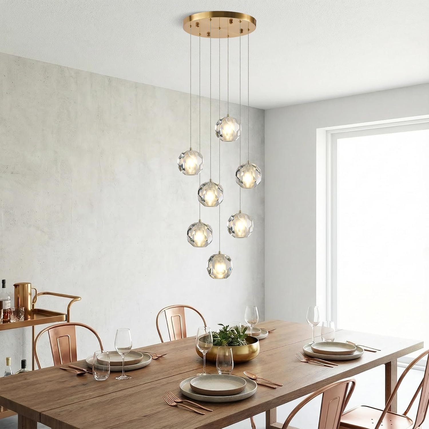 Brass 7-Light Pendant Chandelier for Large Kitchen Island, Modern Cluster Pendant Hanging Light Fixture with Clear Crystal for Dining Room, Foyer, Stairwell, Includes 3-Color Bulbs Brass 7 Lights