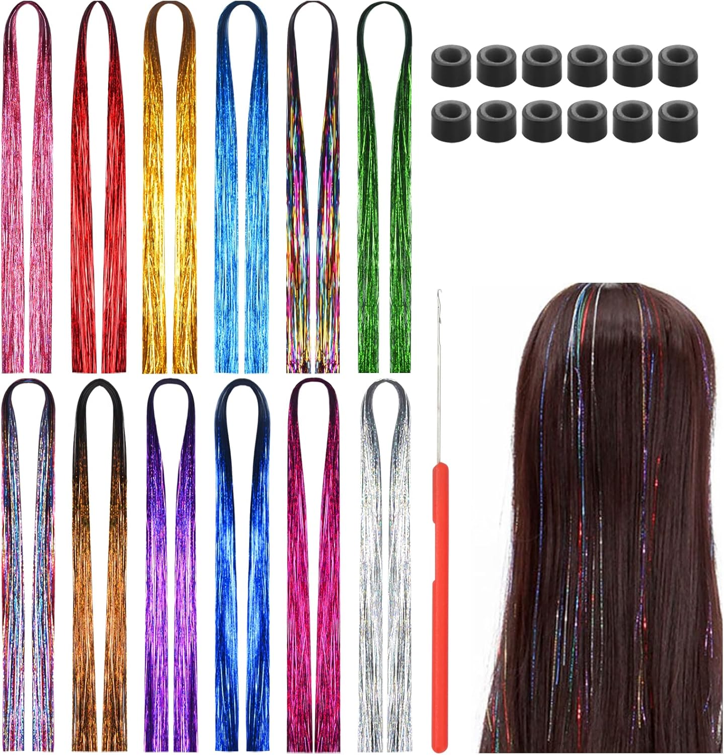 Dokpav 12 Colors Hair Tinsel Hair Extension, 3360 Strands Colorful Hair