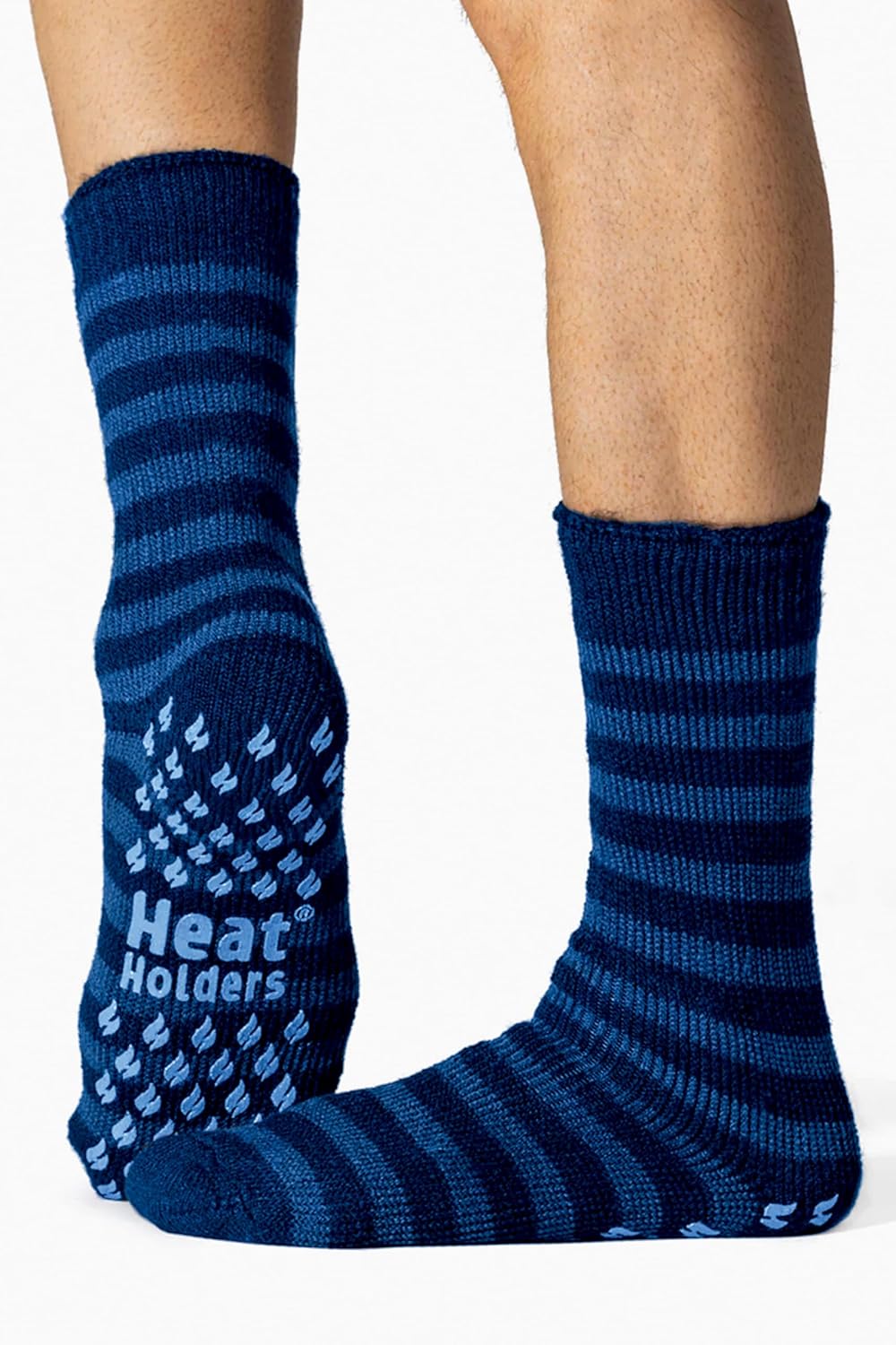 HEAT HOLDERS - Mens Thick 2.3 TOG Non Skid Thermal Slipper Socks with Grippers (7-12 US, Blue/Navy Stripe)