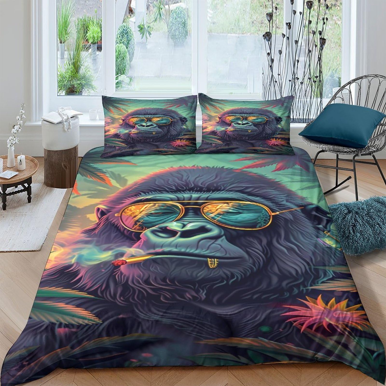 Ctjqhvkz Style-4 3D Printed Cool Gorilla Sunglasses Fitted Sheet Microfiber Anti-Slip Machine Washable Psychedelic Bed Cover For Bedroom Single（135X200cm）