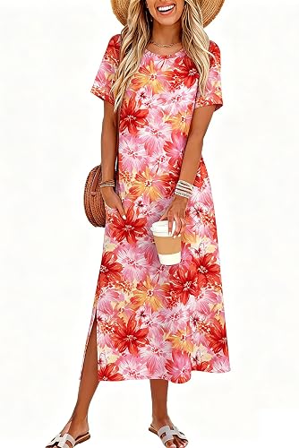 Zeagoo Summer Dresses for Women 2026 Maxi Dresses Vacation Sundress Short Sleeve Casual Sundresses Split Dress with Pockets,