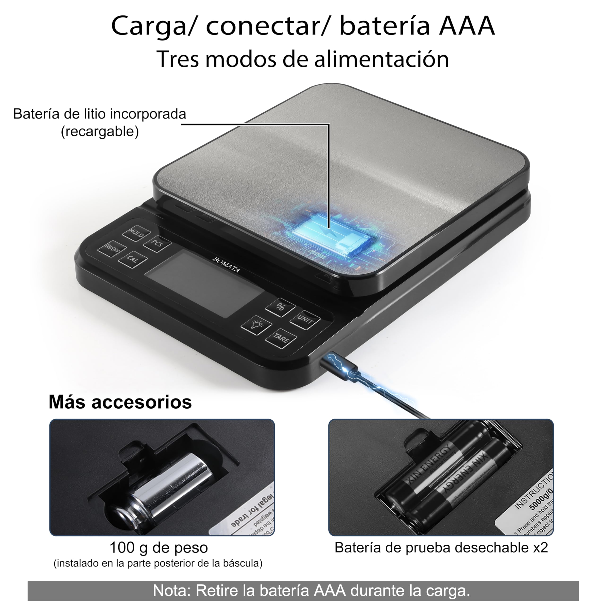 Báscula de cocina grande BOMATA, precisión de 0.1g/0.001oz, capacidad de 5kg/11lb, con función de porcentaje, recargable por USB, pantalla LCD visible, plato de acero inoxidable, Negro y Marrón