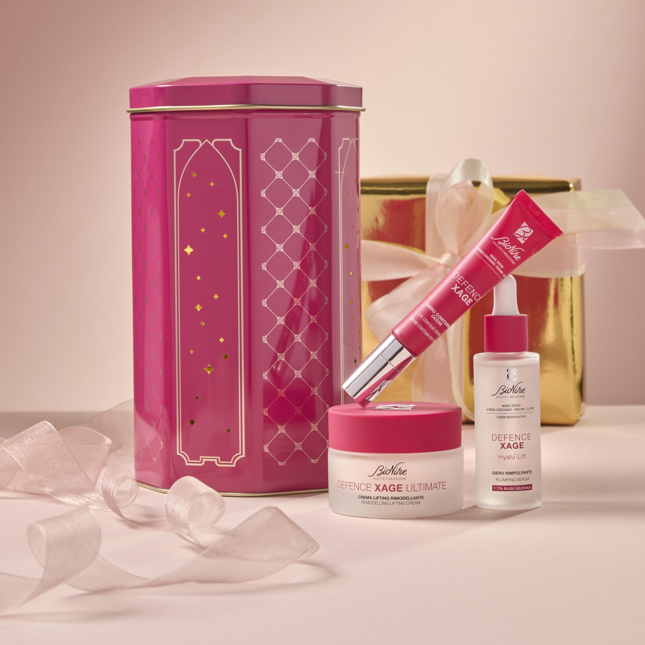BioNike Geschenkset für Damen, Anti-Age Defence Xage – Augenkontur-Serum 15 ml, Hylu-Lifting-Serum 30 ml, Ultimate Lifting remodellierende Creme 50 ml für reife Haut
