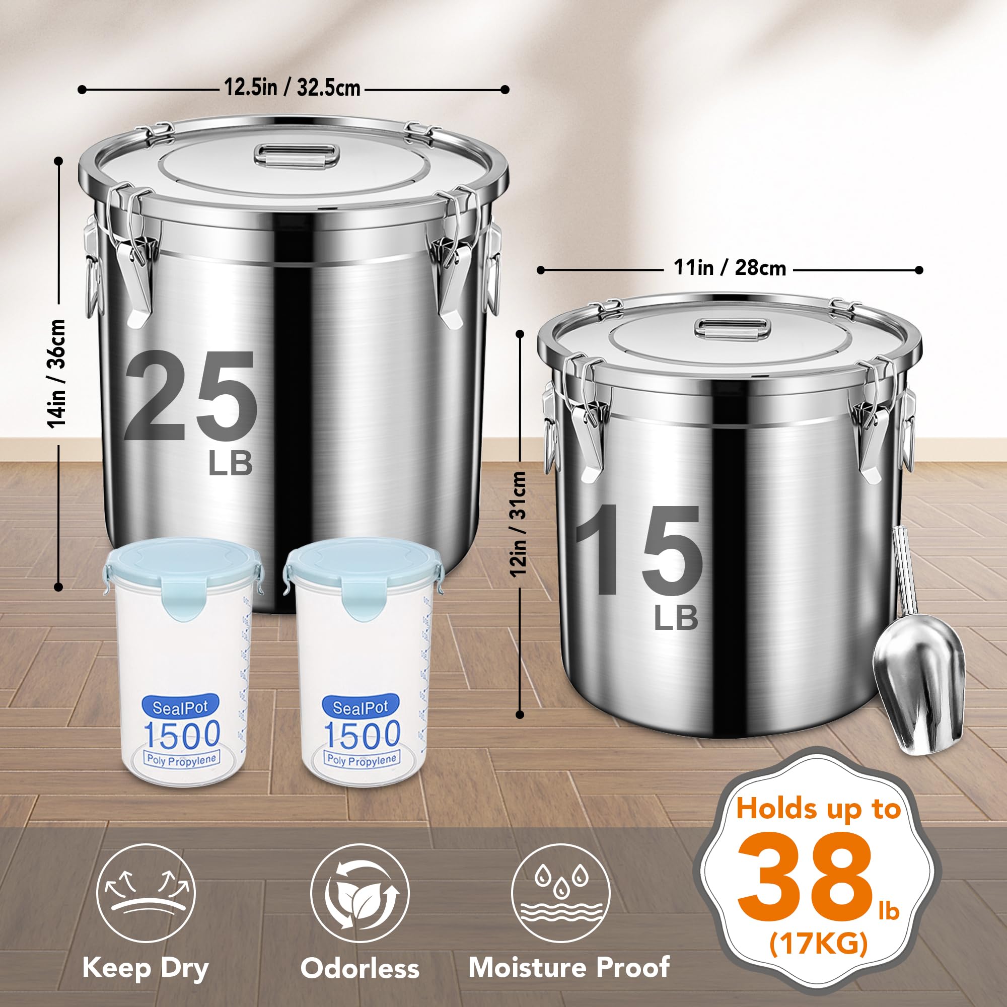 Newget Hundefutter Vorratsbehälter, Groß Edelstahl Tierfutter Vorratsbehälter 38lb / 17kg zum Frischhalten, Metall Luftdichte Katzenfutterbehälter mit Schaufel und 2 Kleine Behälter