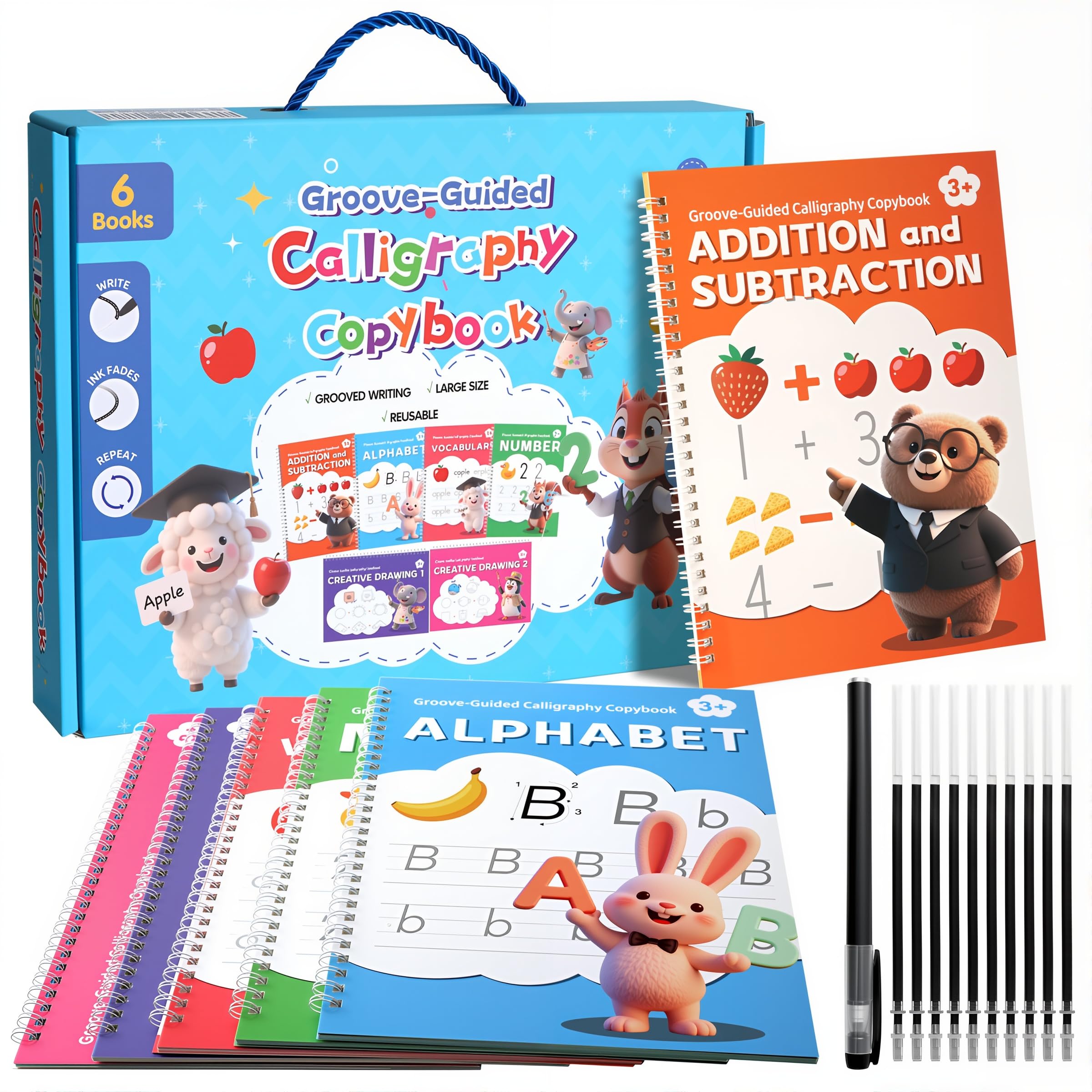 KAK Magic Grooved Writing Practice, grooved Handwriting Practice for Kids 6 Books Ages 3-8, Includes Pen Grips & 10 Refills,Preschool Learning