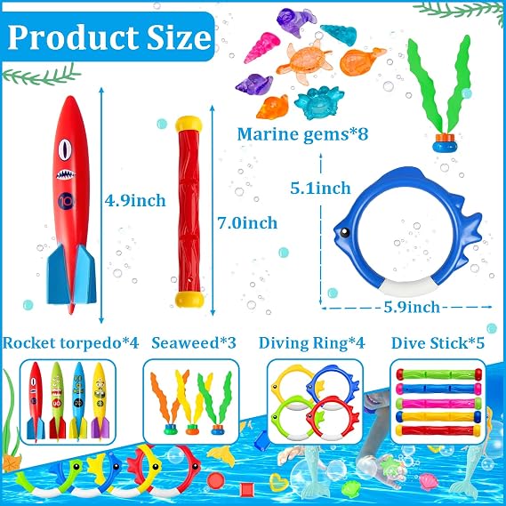 24Pcs Diving Pool Toys,Swimming Pool Toys with Dive Sticks Torpedoes Bandits Diving Rings Diving Seagrass Marine Gem Diving Games Bath Water Toy Underwater Pool Training Toy Swim Toy for Kids Age 4-12