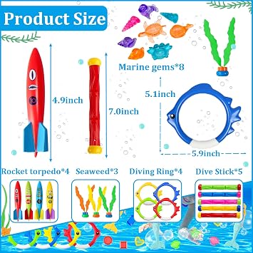 24Pcs Diving Pool Toys,Swimming Pool Toys with Dive Sticks Torpedoes Bandits Diving Rings Diving Seagrass Marine Gem Diving Games Bath Water Toy Underwater Pool Training Toy Swim Toy for Kids Age 4-12