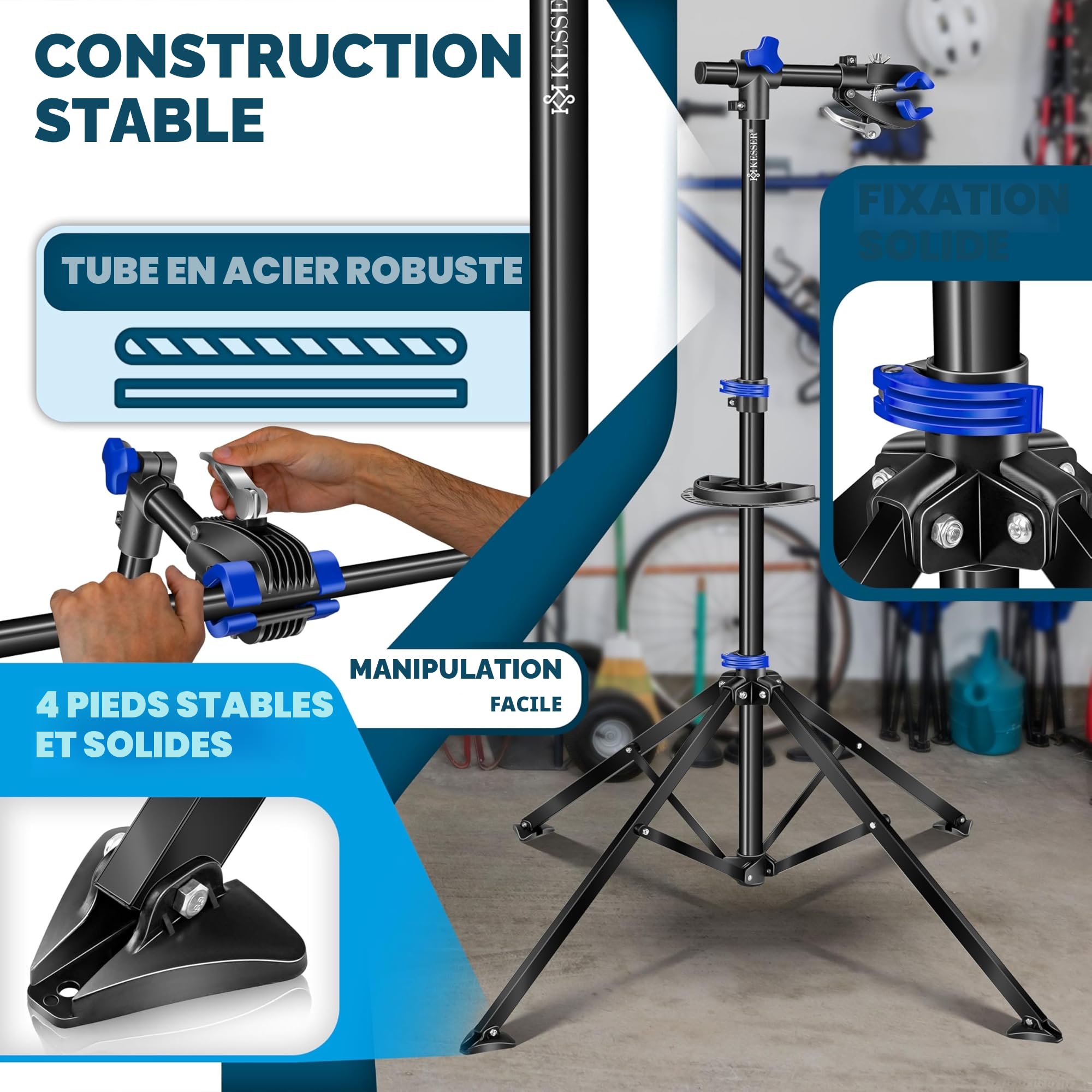 KESSER® Pied de réparation professionnel pour vélo Pied de réparation Support de vélo + sacoche Béquille de réparation pour vélo jusqu'à 50 kg Pied de réparation pour vélo avec bac à outils, bleu