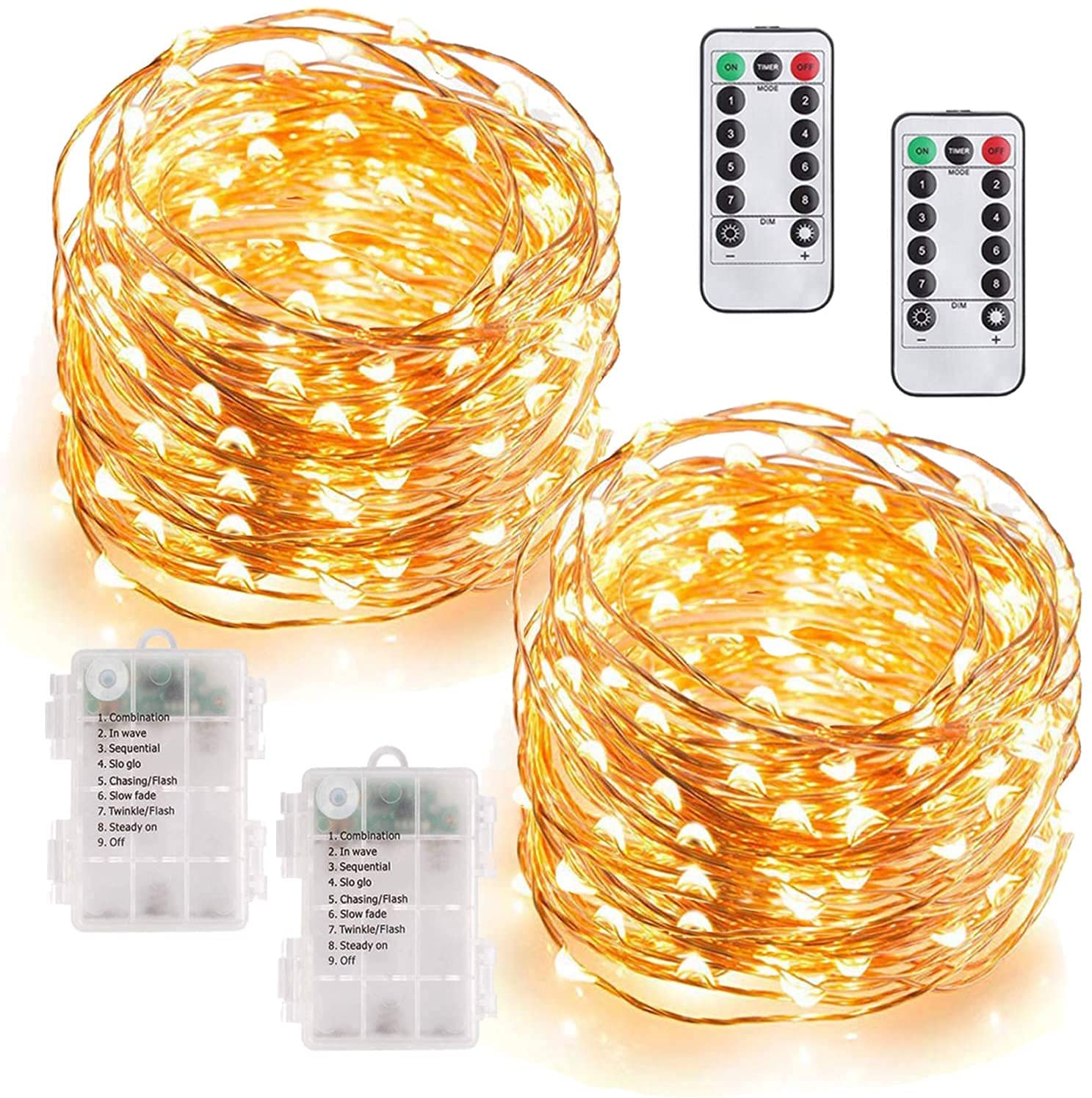 Beauenty 2 Pack 33Ft 100 LED Fairy Lights Battery Operated, String Lights with 8 Modes Remote Control Timer Waterproof Copper Wire Twinkle Lights for Bedroom Wedding Party Chirstmas Decor, Warm White