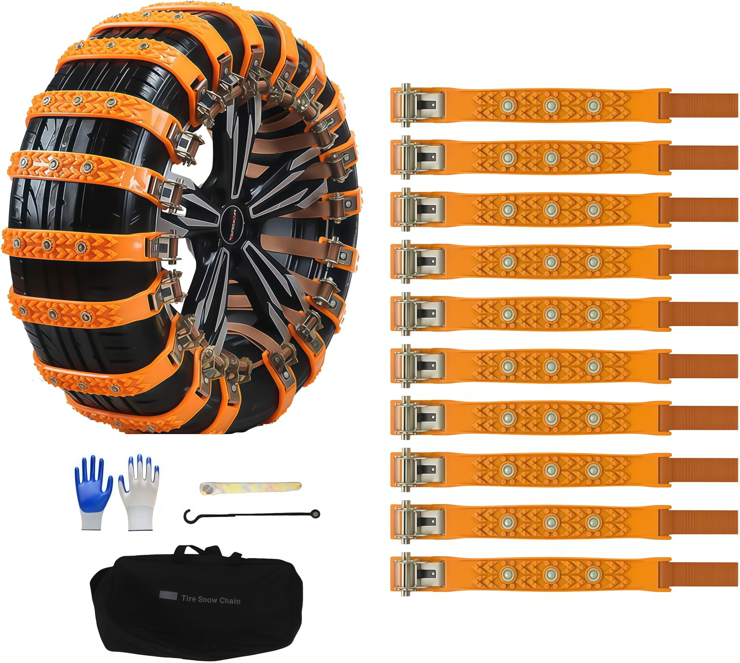 AUTO HIGH 10 Pack Universal Car Snow Chains with Storage Bag and Tools, Tires 165-265 mm for Cars, Trucks, SUVs, Non-Slip Adjustable Winter Snow Chains (single row nail)
