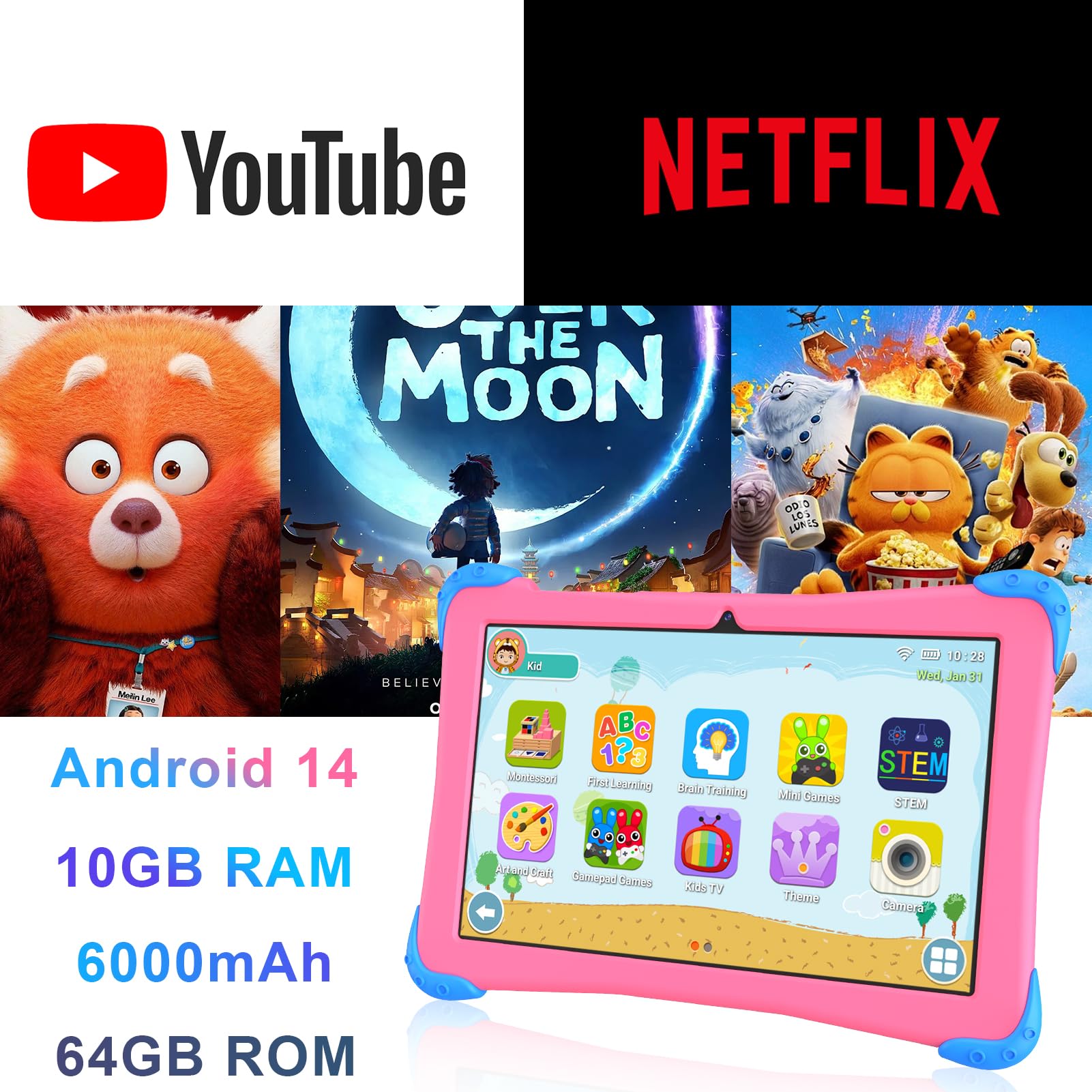 EagleSoar Kids Tablet 10 Inch Android 14 Octa-core 10GB+64GB 1TB TF Expansion Tablet For Kids With Kids App Parental Control 5G WiFi Dual Camera With