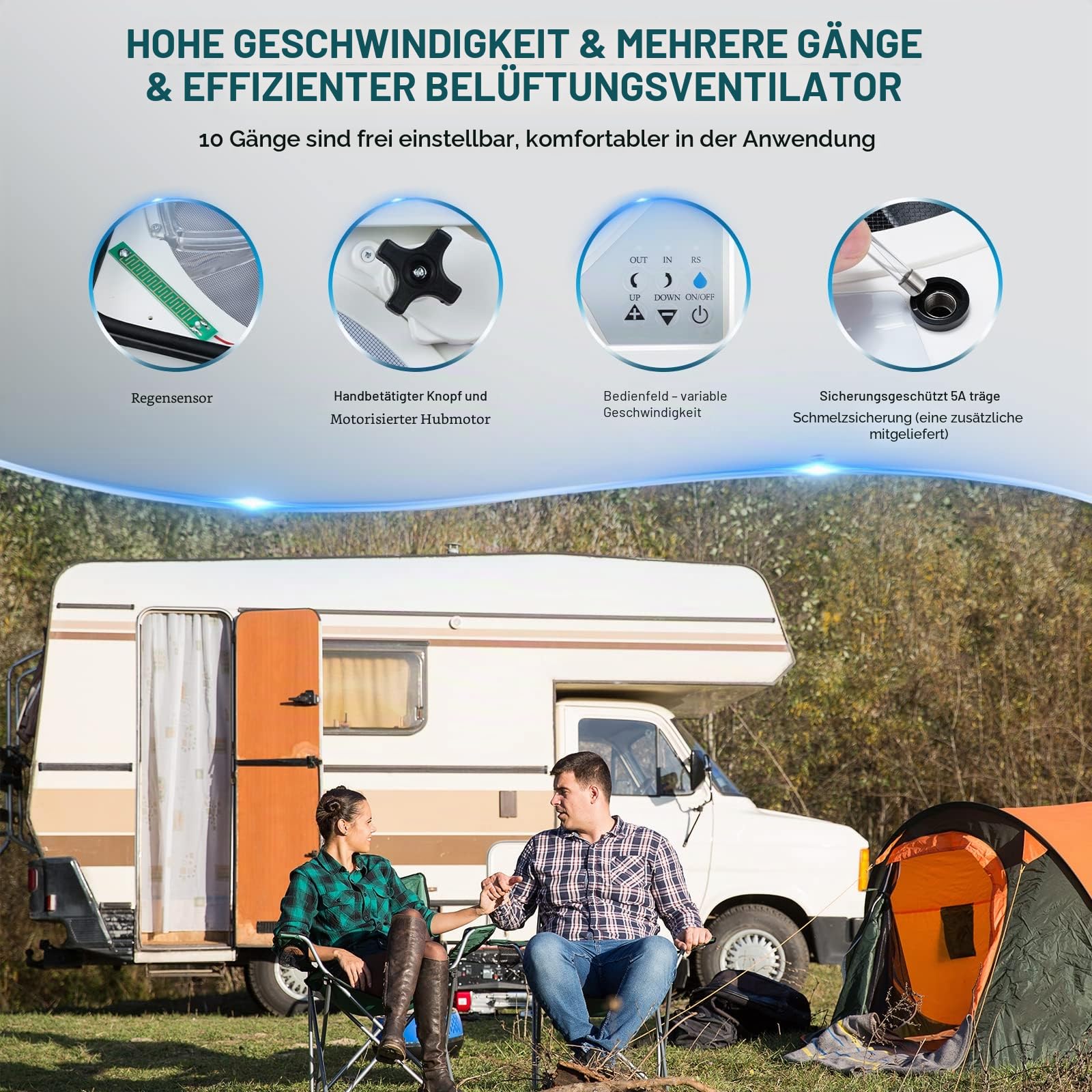 Brolteja Dachventilator für Wohnwagen, 12 V, mit Regensensor, Dachlüftung für Wohnmobile, Öffnungsgröße 40 x 40 cm, Remote-Geschwindigkeiten, reversibel
