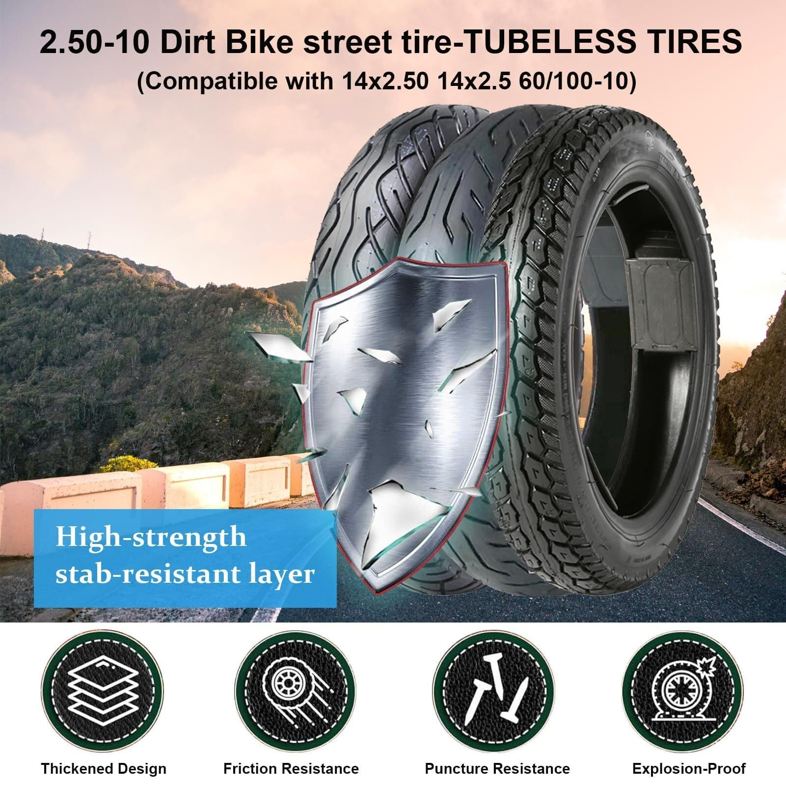 2.50-10 Opona Rowerowa bez Wewnętrznej Rury, Odporna na Przebicia i Samozamykająca się, Wytrzymała Gumy dla E-Roweru, Dirt Bike, Rower Miejski, Pasuje do 14x2.50/60/100-10, z Zaworem(B)