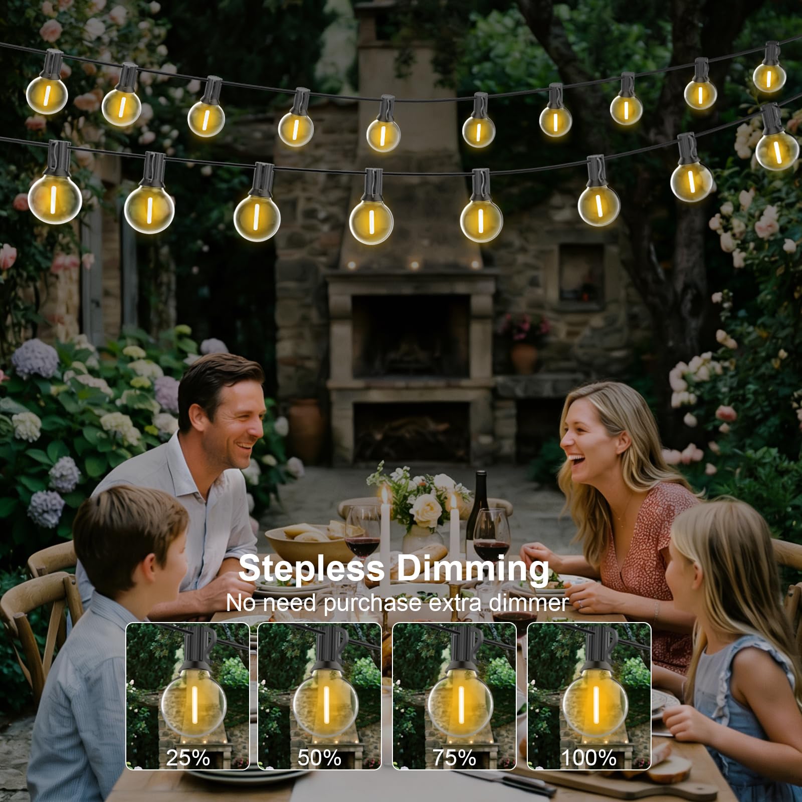 Catena Luminosa Esterno Dimmerabile 30M, Luci da Esterno Giardino G40 con Telecomando, 50+2 LED Lampadine Infrangibili, Impermeabile Catena Luci Esterno per Terrazzo Bistrot