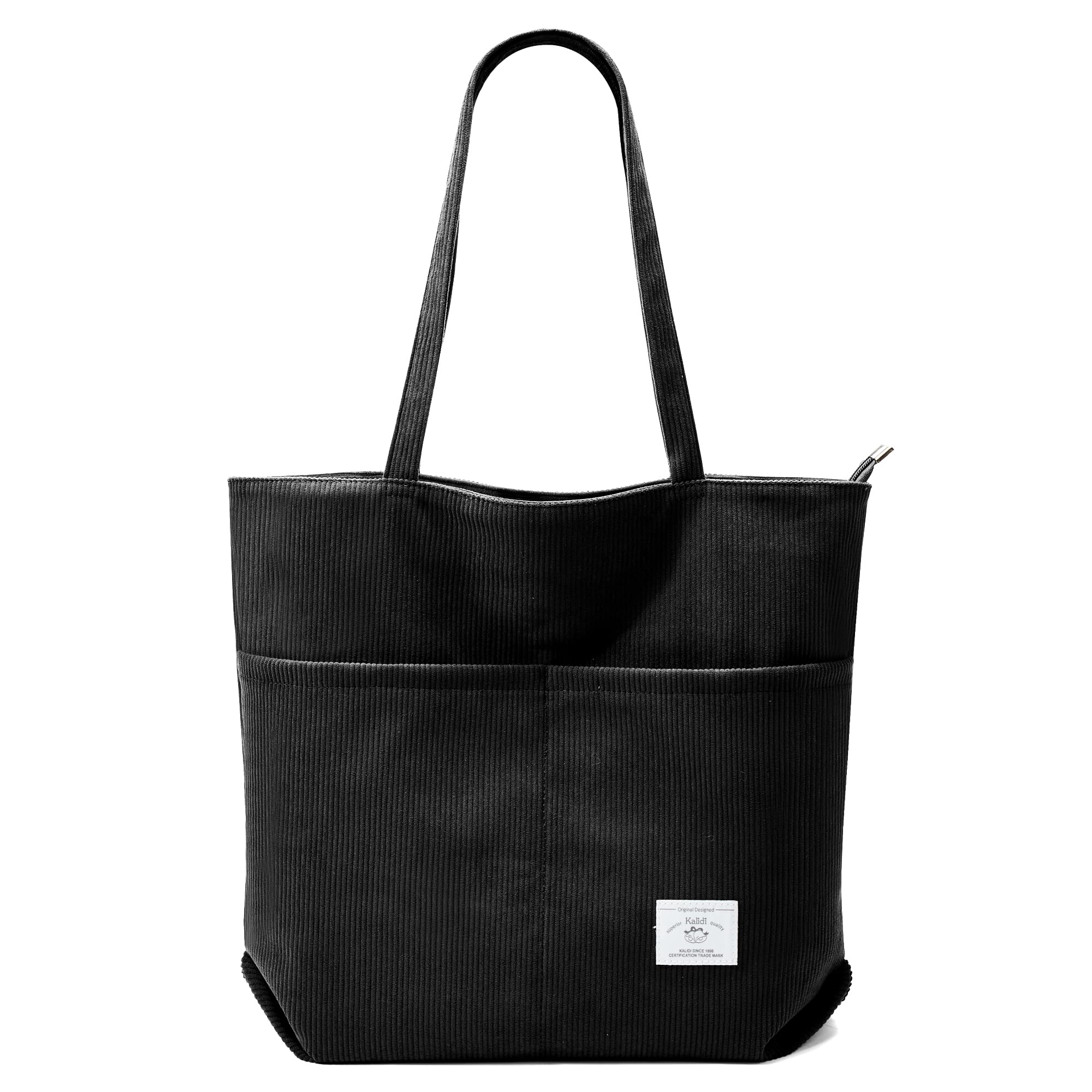 KALIDI Women Corduroy Tote Bag Zipper Casual Tote's Handbag Big Capacity Shoulder Bag with Pockets D-black