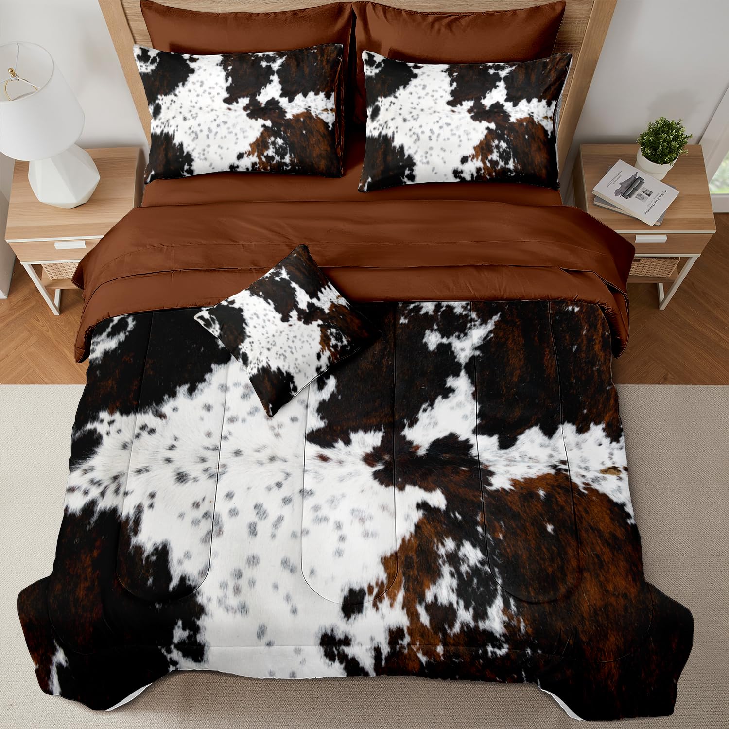 ( only 4 pcs ) MUGINYU Brown Cowhide Comforter Set Queen, 8 Pieces Bed in a Bag Black White Cow Skin Print Western Farmhouse Animal Fur Bedding Set