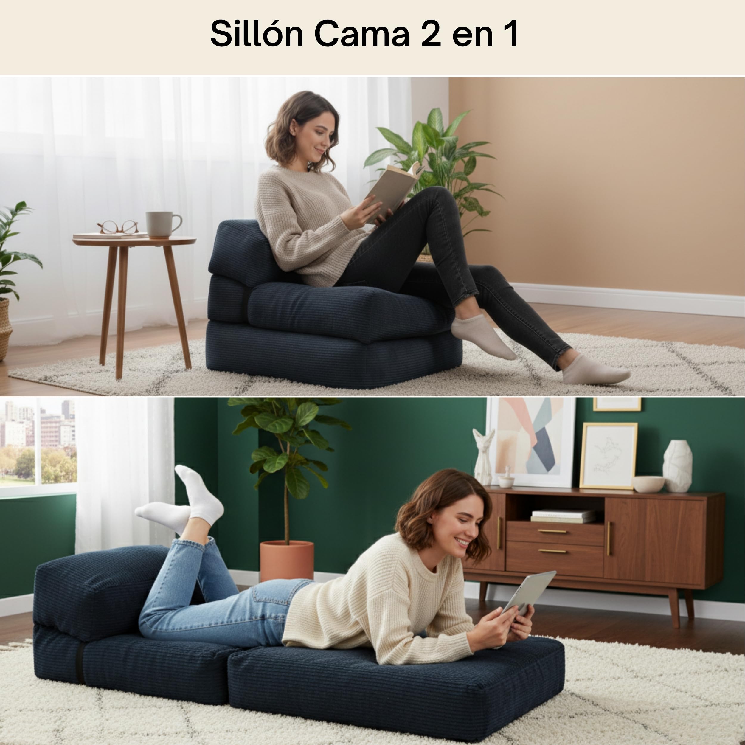 bananair - Sofá Cama 1 Plaza Convertible - Cama Individual Desfundable en Terciopelo Acanalado - Sillon Una Plaza, Futón Japonés Práctico y Confortable, Acolchado en Espuma (70 x 190 cm, Azul)