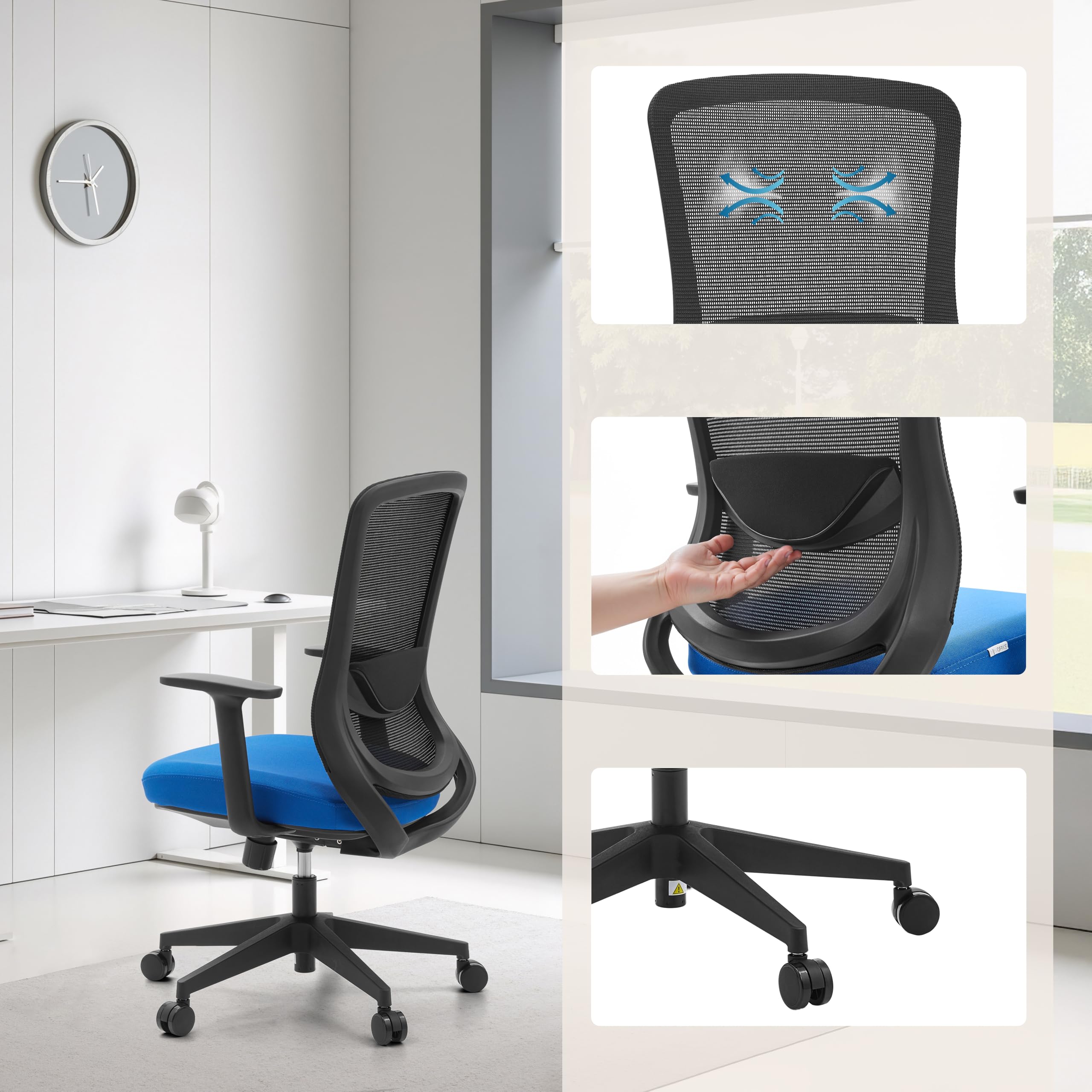 hjh OFFICE Silla de oficina ergonómica Sedito – Silla giratoria con respaldo de malla ajustable, soporte lumbar y asiento en cascada, color negro y azul
