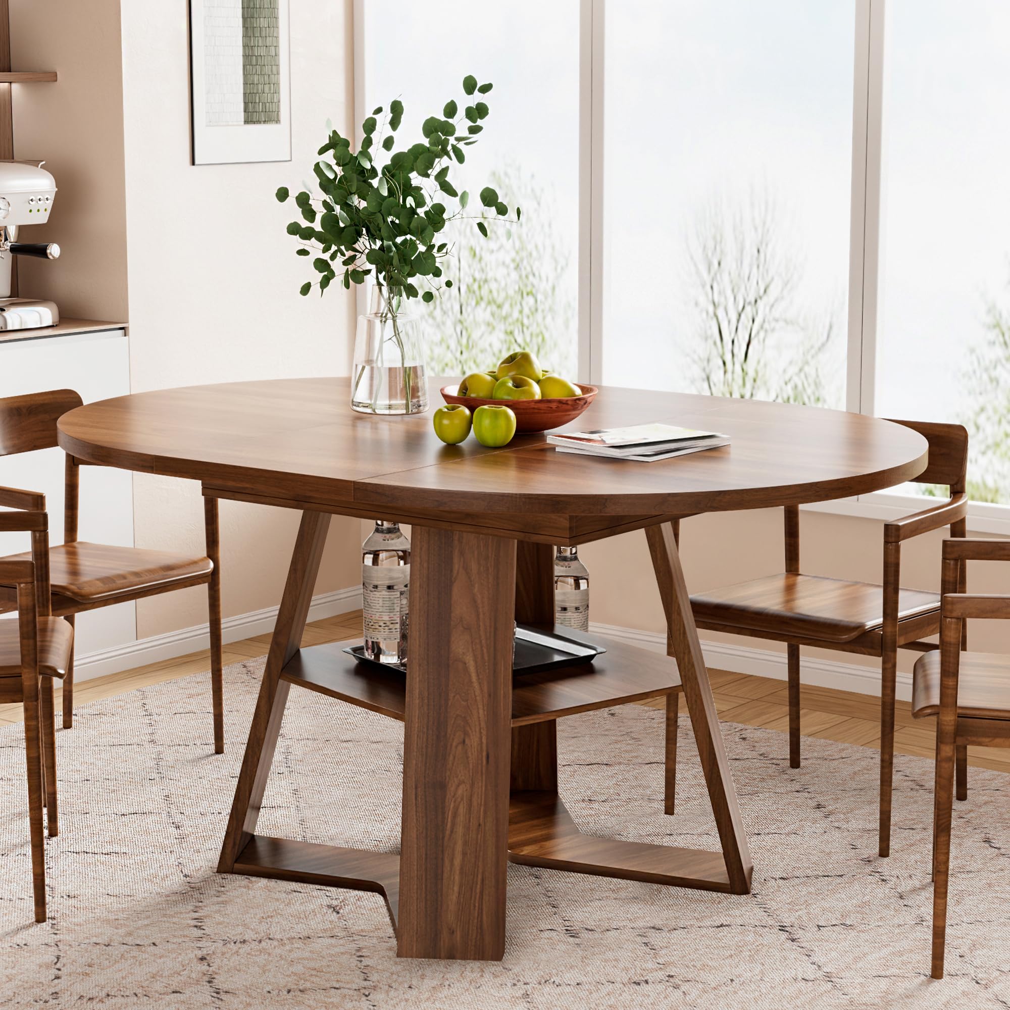 43.3in-59in Extendable Round Dining Table for 4-6,Modern Kitchen Oval Dining Table with Removable Leaves Space Saving,Wood Base with Storage Shelf for Kitchen Living Room
