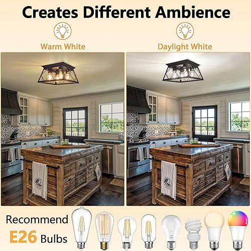 Miniatura 3 de FadimiKoo Lámpara de techo empotrada negra de 4 luces para cocina, pasillo, iluminación industrial cercana al techo, lámpara de jaula cuadrada de