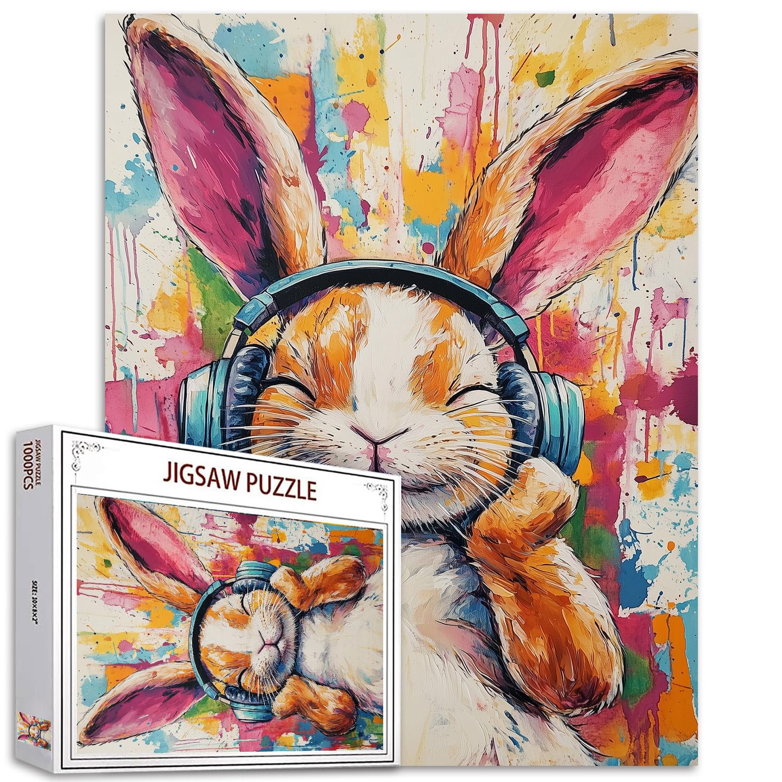 Rabbit Listening to Music Jigsaw Puzzles for Adults 1000 Pieces,Bunny Jigsaw Puzzle Cute Animal Puzzles Art 1000 Pieces Family Puzzle Perfect for Game Nights