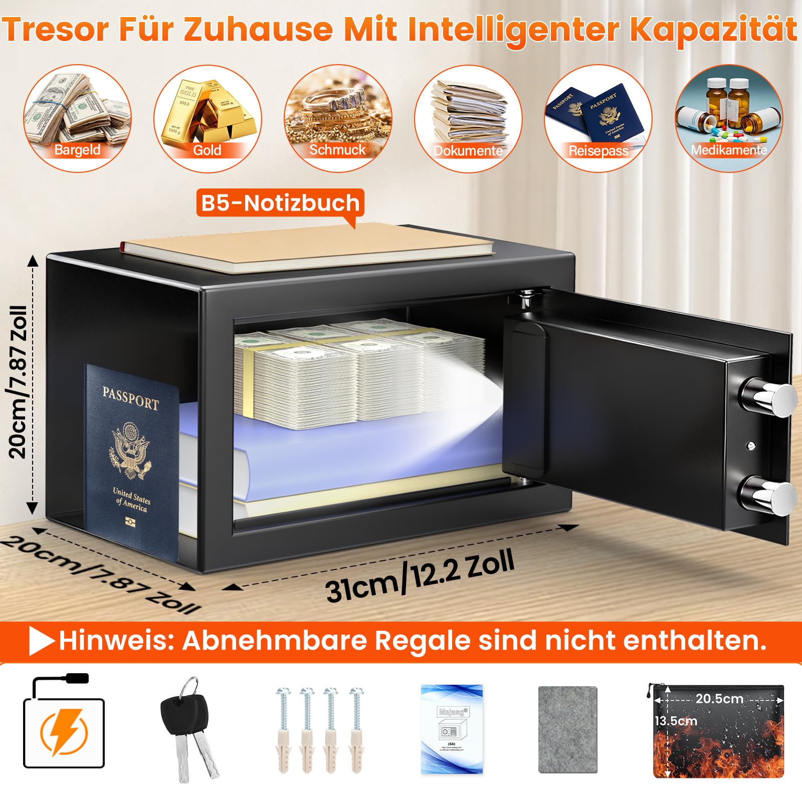 Mejasg Safe Tresor für Zuhause mit Feuerfester Tasche, 15L Digitaler Tresor Klein mit USB-C-Anschluss, Alarmmodus und Silent-Modus, Wandtresor Möbeltresor für Schmuck Bargeld Medikamente Dokumente