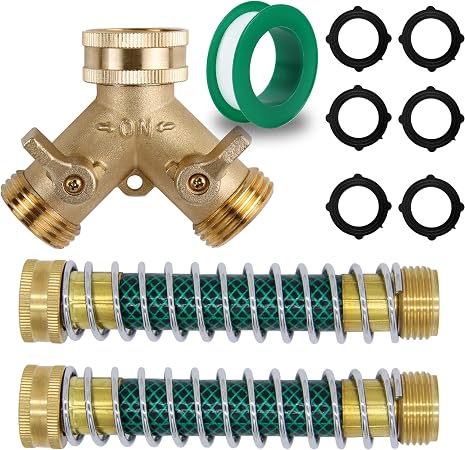 Triumpeek 3/4" Brass 2 Way Hose Splitter, Brass 2 Way Garden Hose Connector with 2 Pcs Garden Hose Coiled Spring Protectors and 6 Rubber Washers