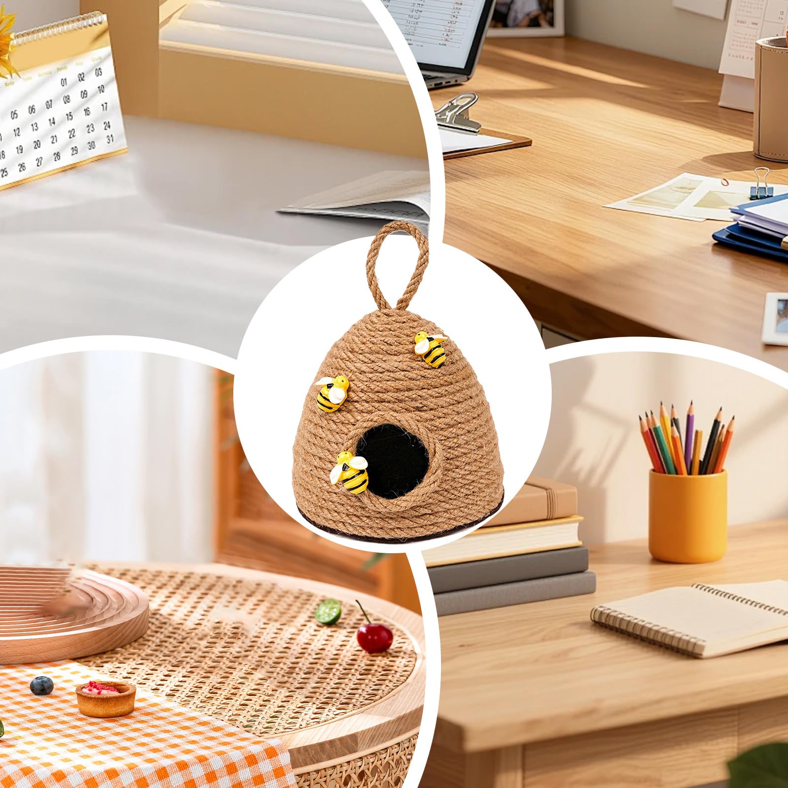 Bienenstock- – Bienenstock aus gewebtem Juteseil, abgestuftes Tablett, Bauernhaus-Anhänger, 11 x 11 cm kompaktes Ornament + 15 cm Aufhängeschlaufe, Konstruktion aus Naturfaserschnur – für Küche u