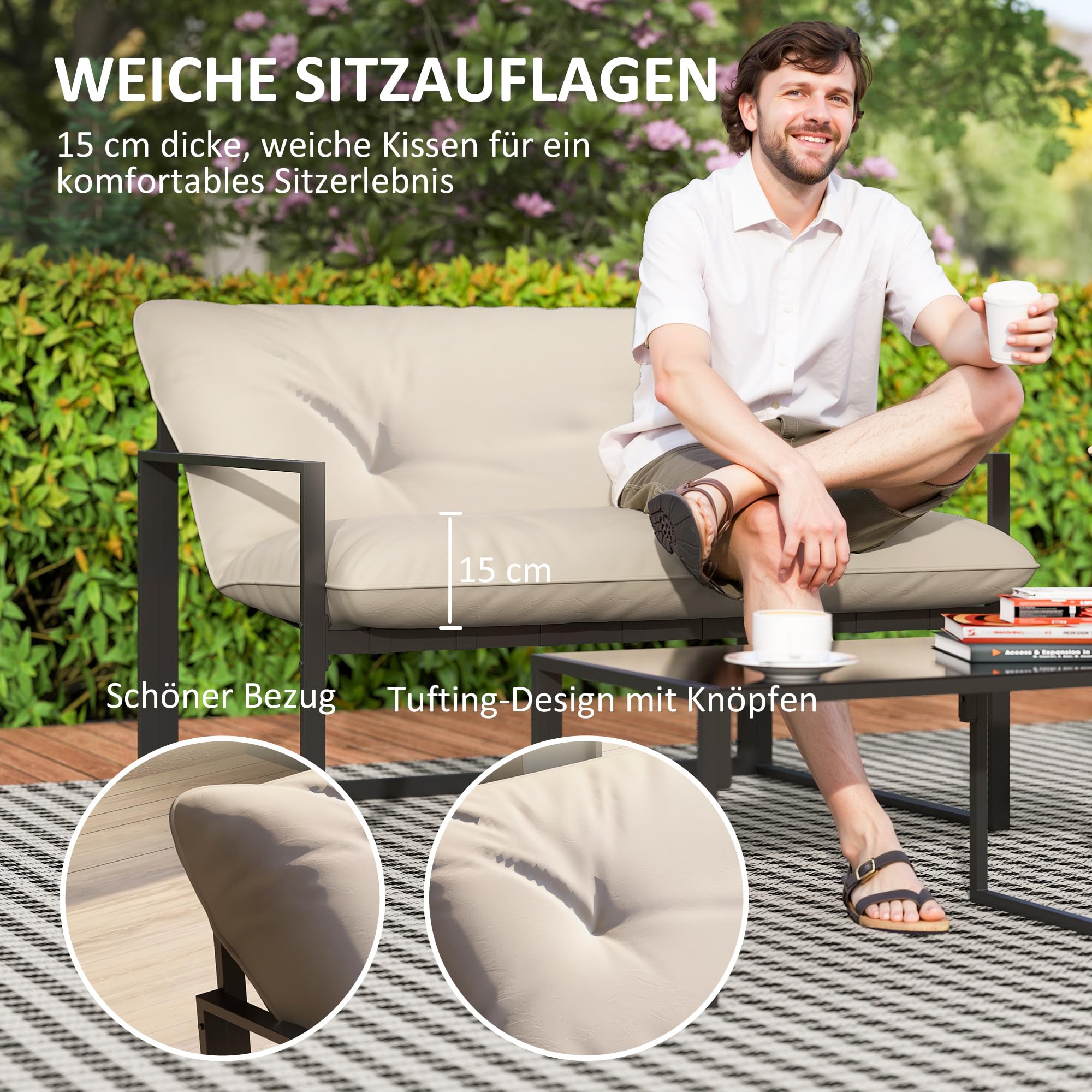 Outsunny Gartenmöbel Set Stahl Wetterfest Balkonmöbel-Set Grau+Beige | 4 Personen, 2er Sofa, Sessel, Glastisch, Sitzkissen, Outdoor Sitzgruppe, Terrassenmöbel, Gartengarnitur