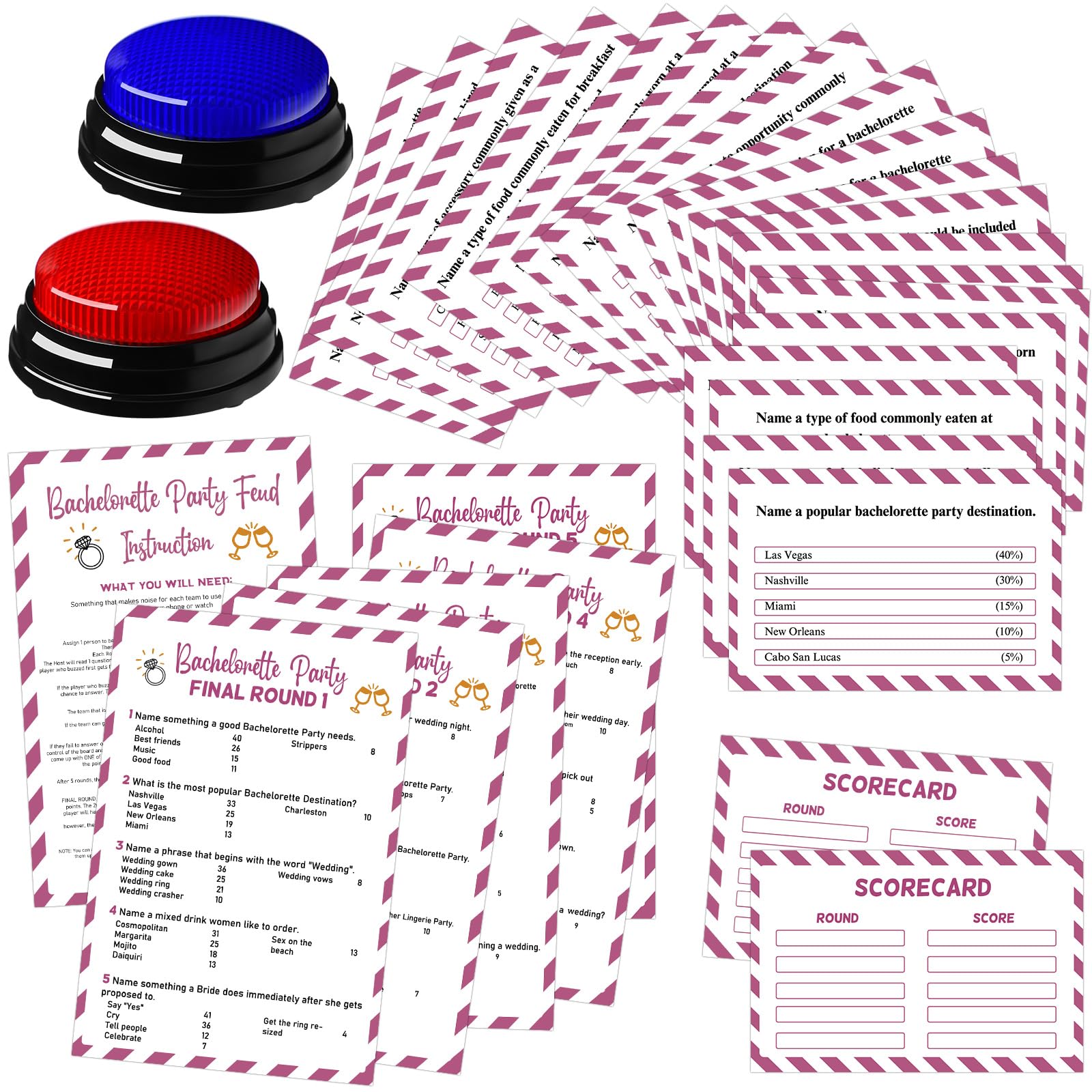 Soulchen Jeu de querelles amical pour enterrement de vie de jeune fille, quiz avec cartes et 2 buzzers pour adultes, famille, jeux à la maison, activités de fête, piles non incluses