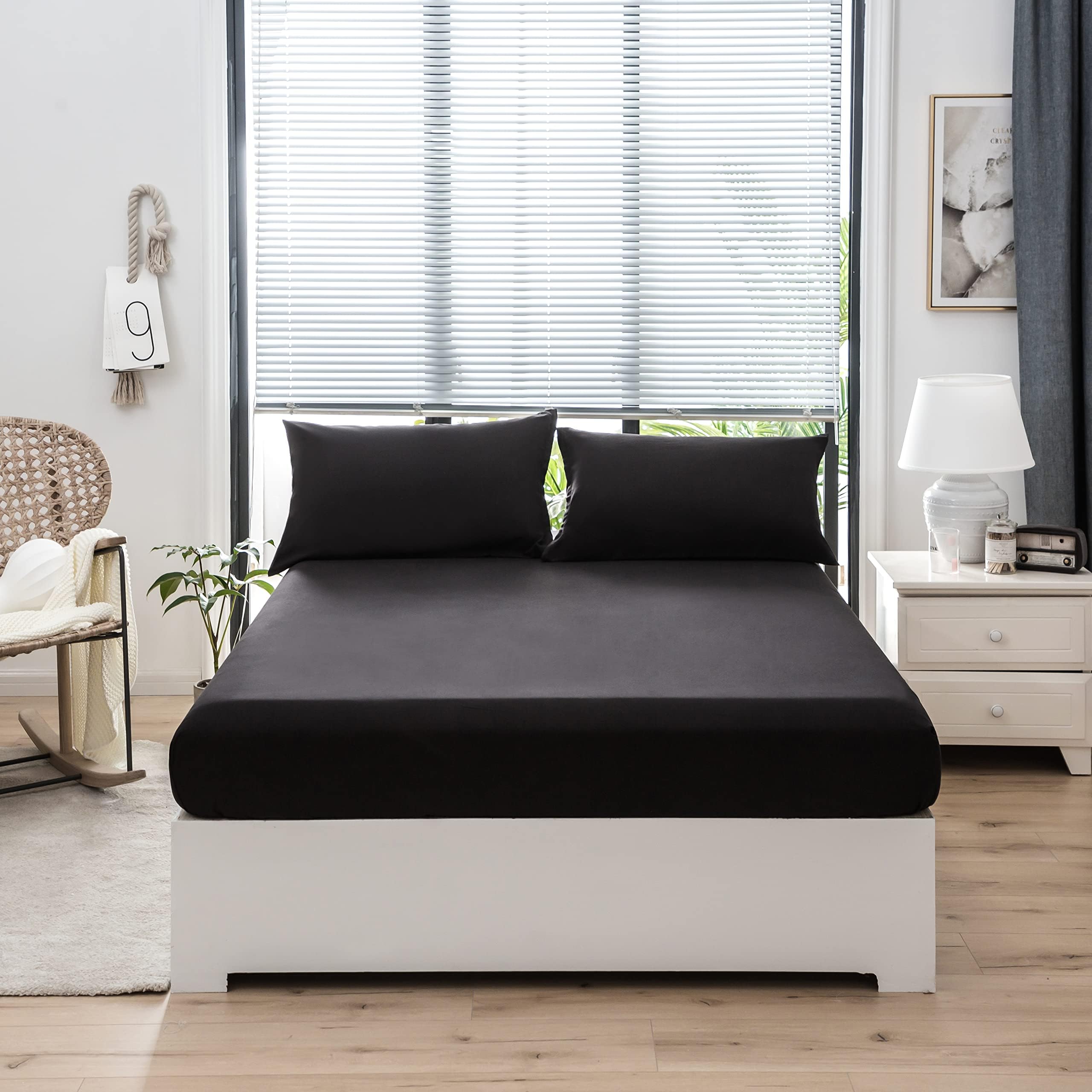 AYSW Extra Deep Fitted Sheet with Wider Elastics Updated Version Double Size Bedding Brushed Microfiber Breathable (black)