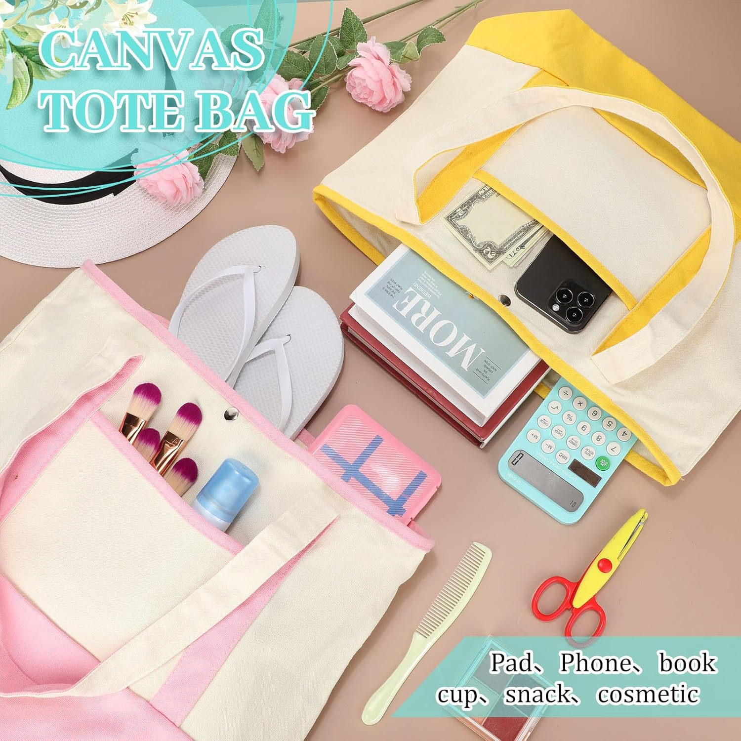 Sanwuta 16 Pack Polyester Canvas Tote Bags Bulk with Outer Pocket Extra Large Reusable Grocery Shopping Travel Blank Tote Bag for Women Mother, 17.7 x 4.7 x 13.8 Inches - Image 2