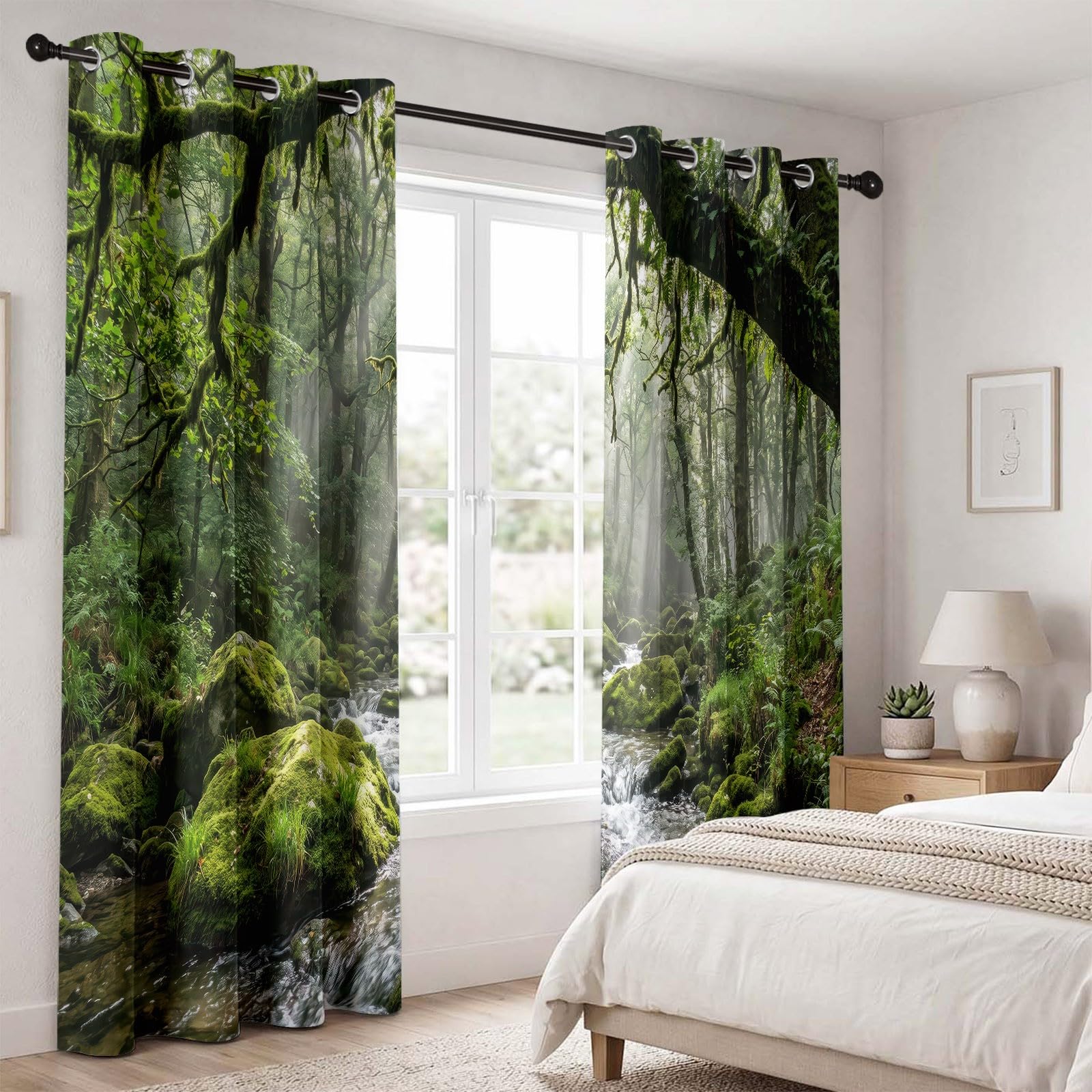 Generisch Naturlandschaft Verdunkelungsvorhänge, H200 x B70 cm Wald Bäume Bach Felsen Moos Vorhänge mit Ösen 2er Set für Schlafzimmer, Grün Raumverdunkelung Fenstervorhänge für Wohnzimmer
