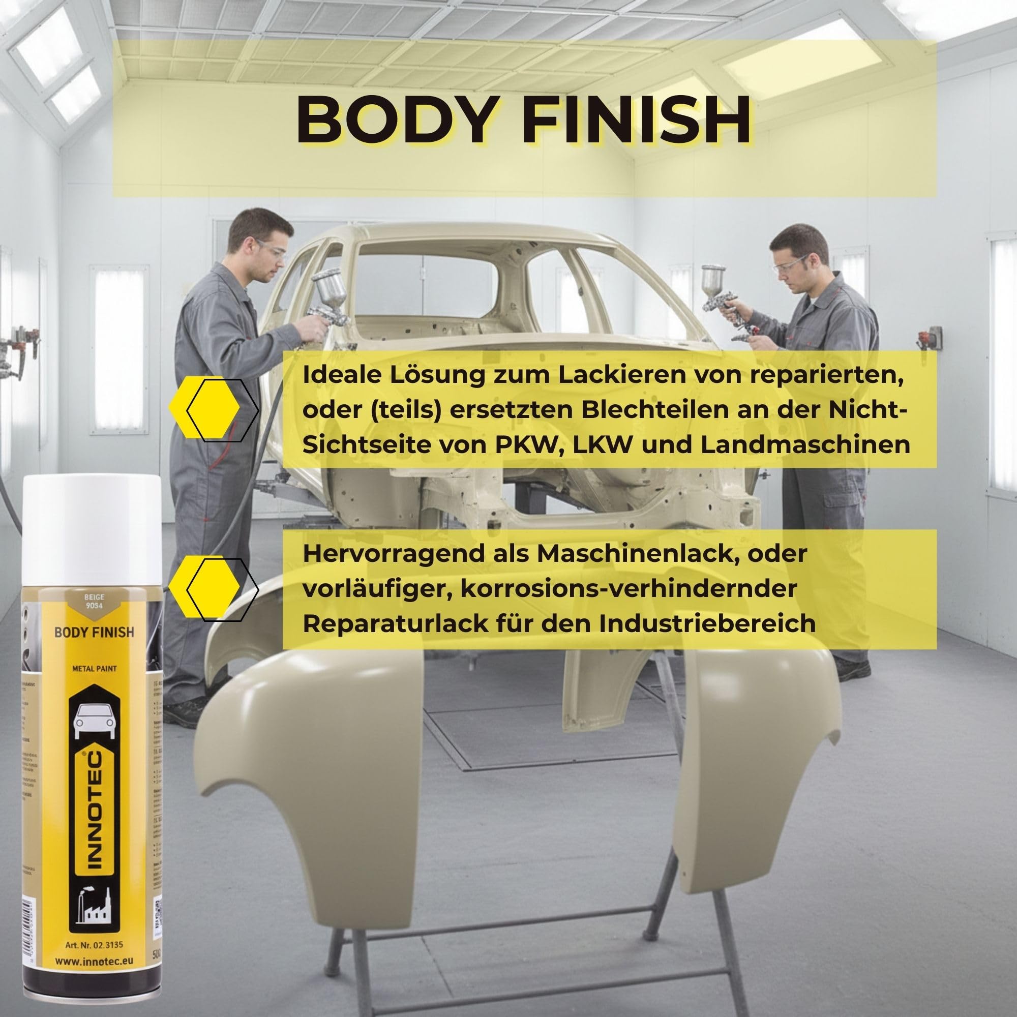 2 Stück INNOTEC Body Finish 500 ml Beige – 1K-Acryl-Premium Grundierlack für das Lackieren von reparierten oder ersetzten Blechteilen an PKW, LKW & Maschinen – korrosionsschützender Reparaturlack
