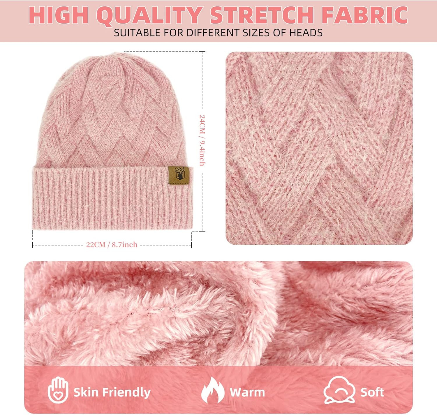 Winter Knit Beanie Hat Scarf for Women with Touch Screen Gloves Set with Skull Caps Neck Warm Scarves for Women 3PCS/Set - Image 2