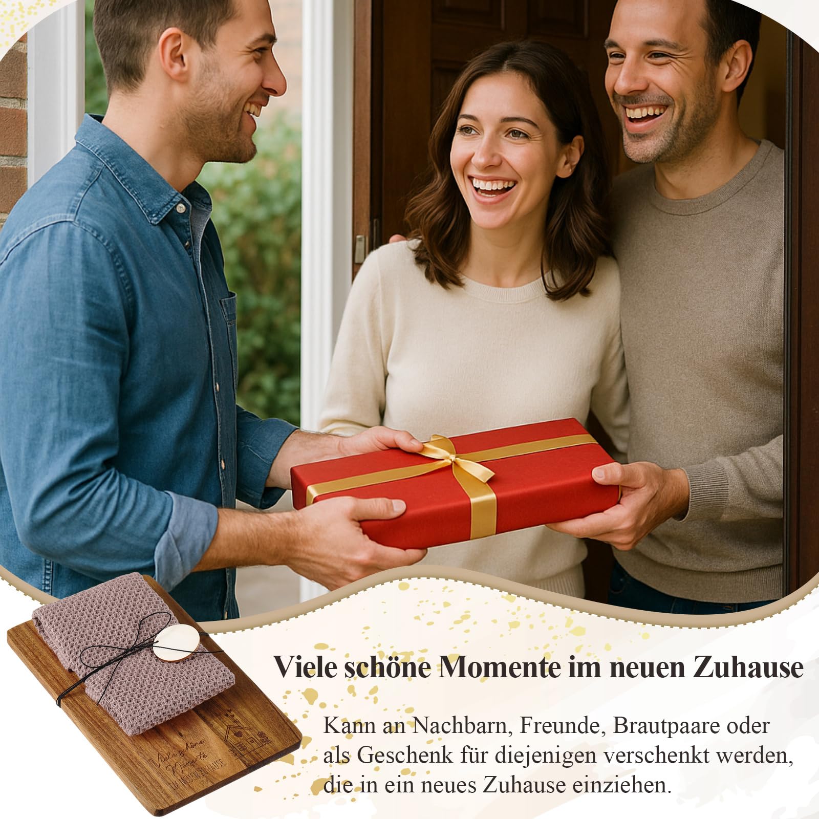 Xuniea Einweihungsgeschenk 23 x 15 cm Holz Frühstücksbrett Baumwolle Küchentuch Neues Zuhause Geschenk zum Einzug Wohnung Geschenk zum Einzug Richtfestgeschenk(Viele Schöne Momente im Neuen Zuhause)