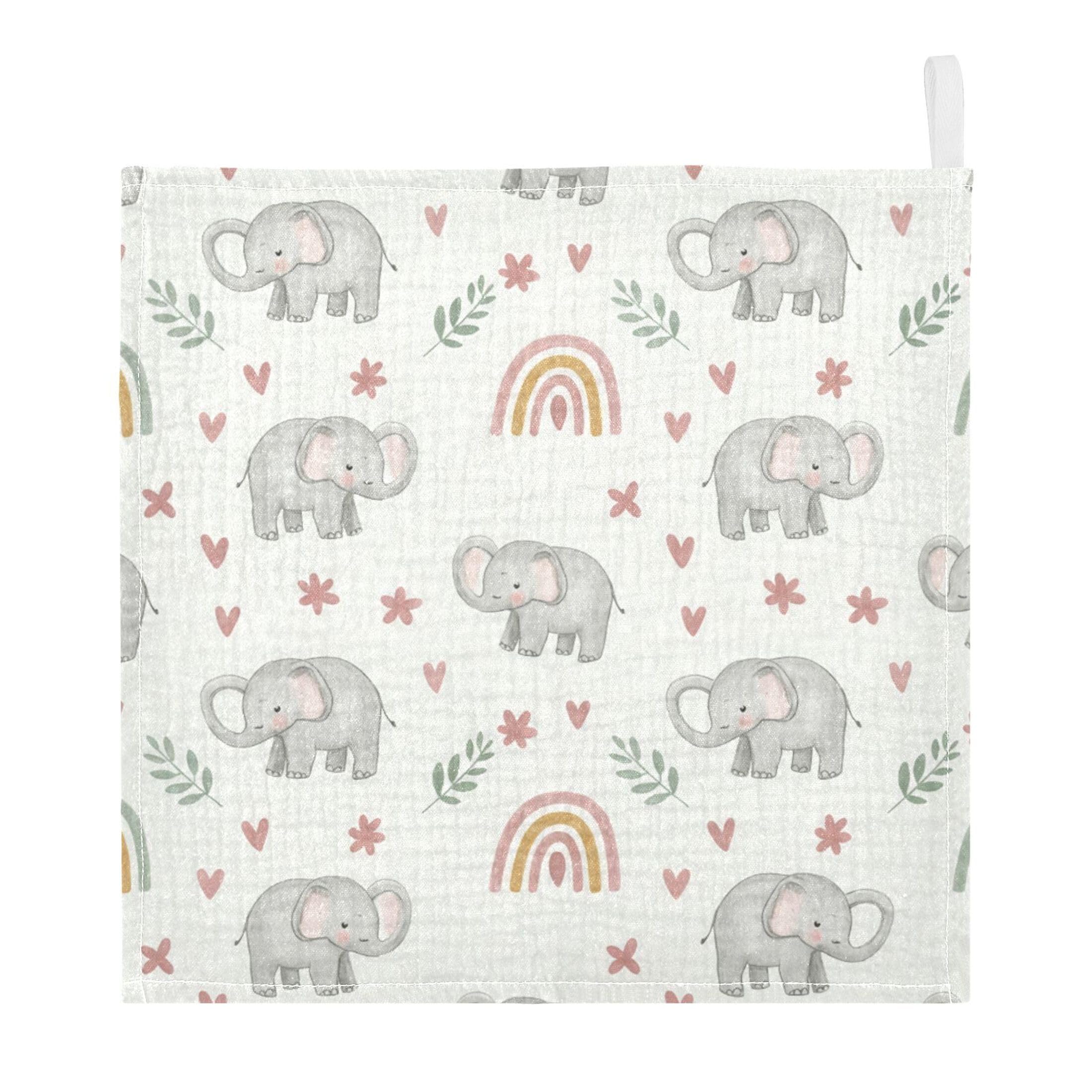 Fuauuyl Cartoon Elephants Baby Muslin Washcloths Cotton Absorbent Soft Burp Cloths for Newborns Infants Toddlers, Reusable Face Towels for Sensitive Skin, 5 Pack, 12x12 in