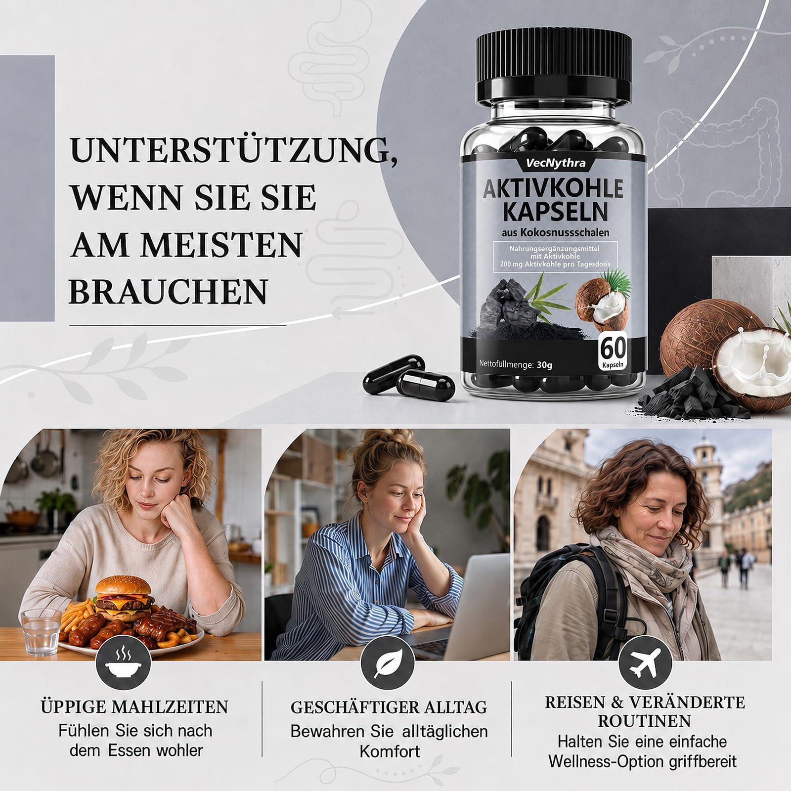 Aktivkohle Kapseln aus Kokosnussschalen, 200 mg Aktivkohle, 60 Kapseln