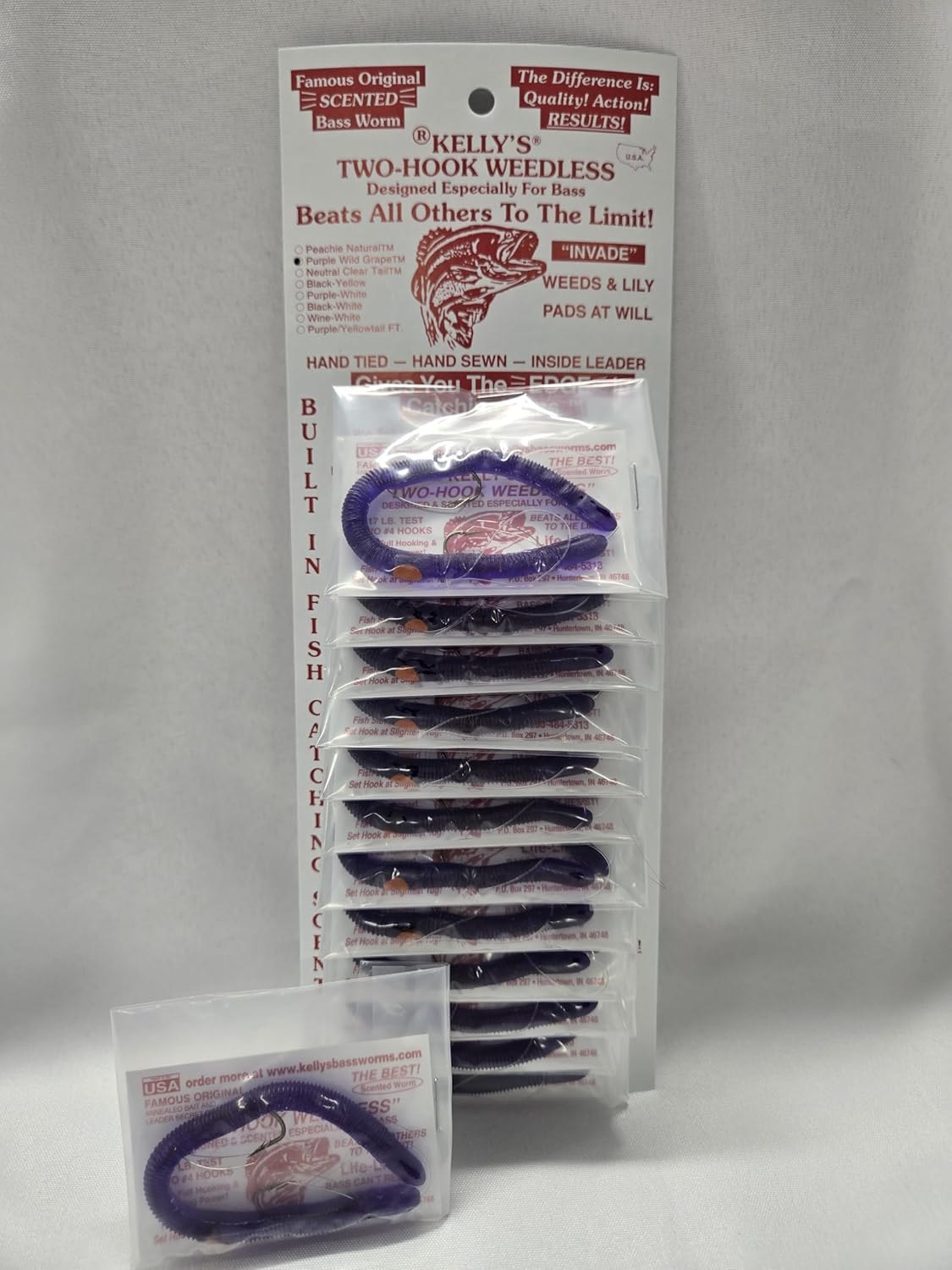 Kelly's® Two-Hook Weedless 12 Pack Anise Scented Pre-Rigged Soft Plastic 5.5 Inch Worm 9 Colors Available Made in The USA