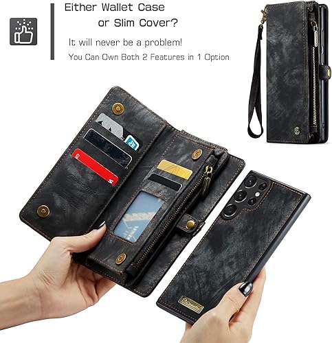 Miniatura 2 de Kowauri Funda tipo cartera para Samsung Galaxy S23 Ultra, cartera de cuero con cremallera y tarjetero para la muñeca, desmontable, magnética, a